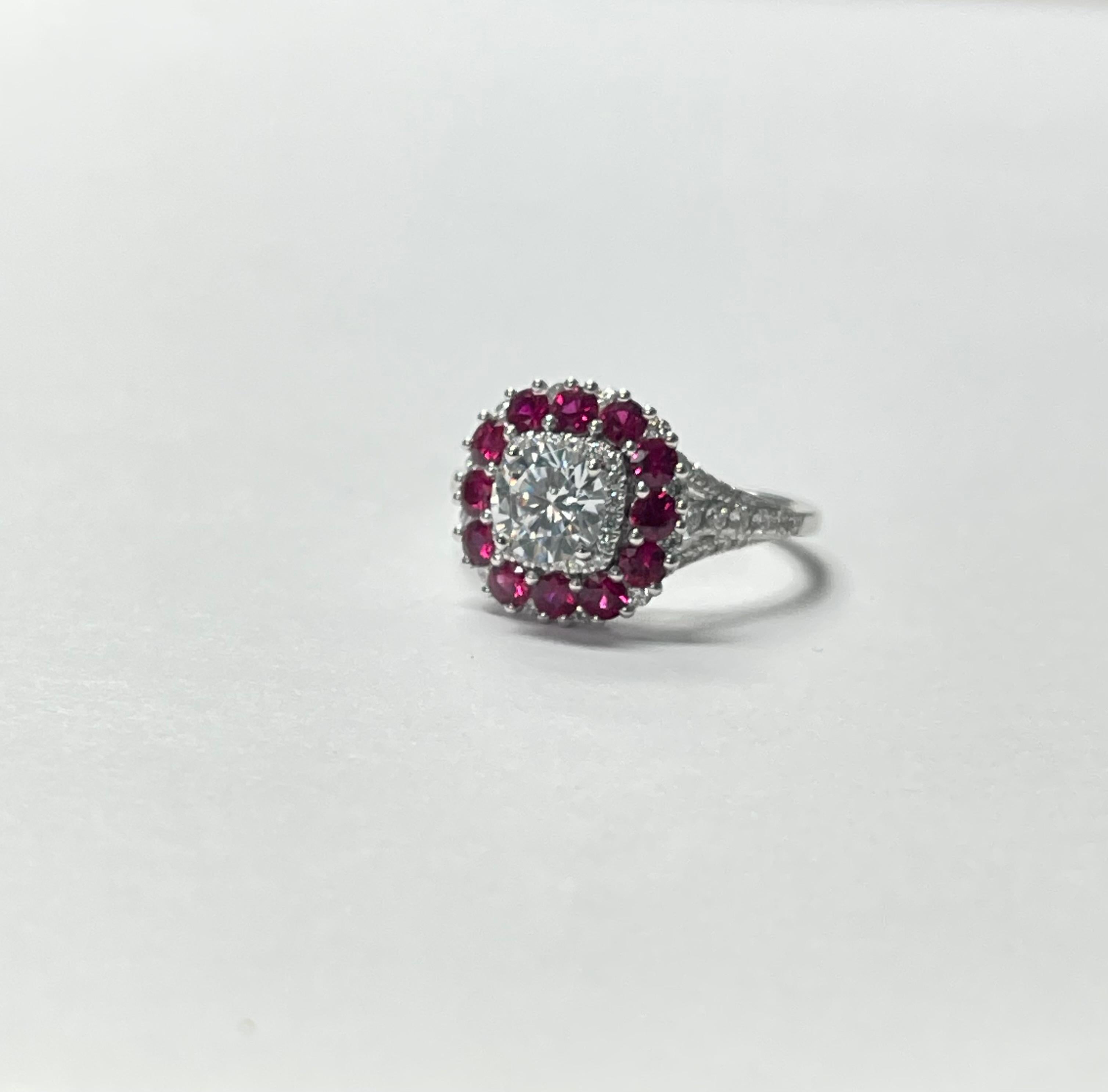 Contemporary Diamond, Ruby and White Sapphire Engagement Ring in 18k White Gold For Sale