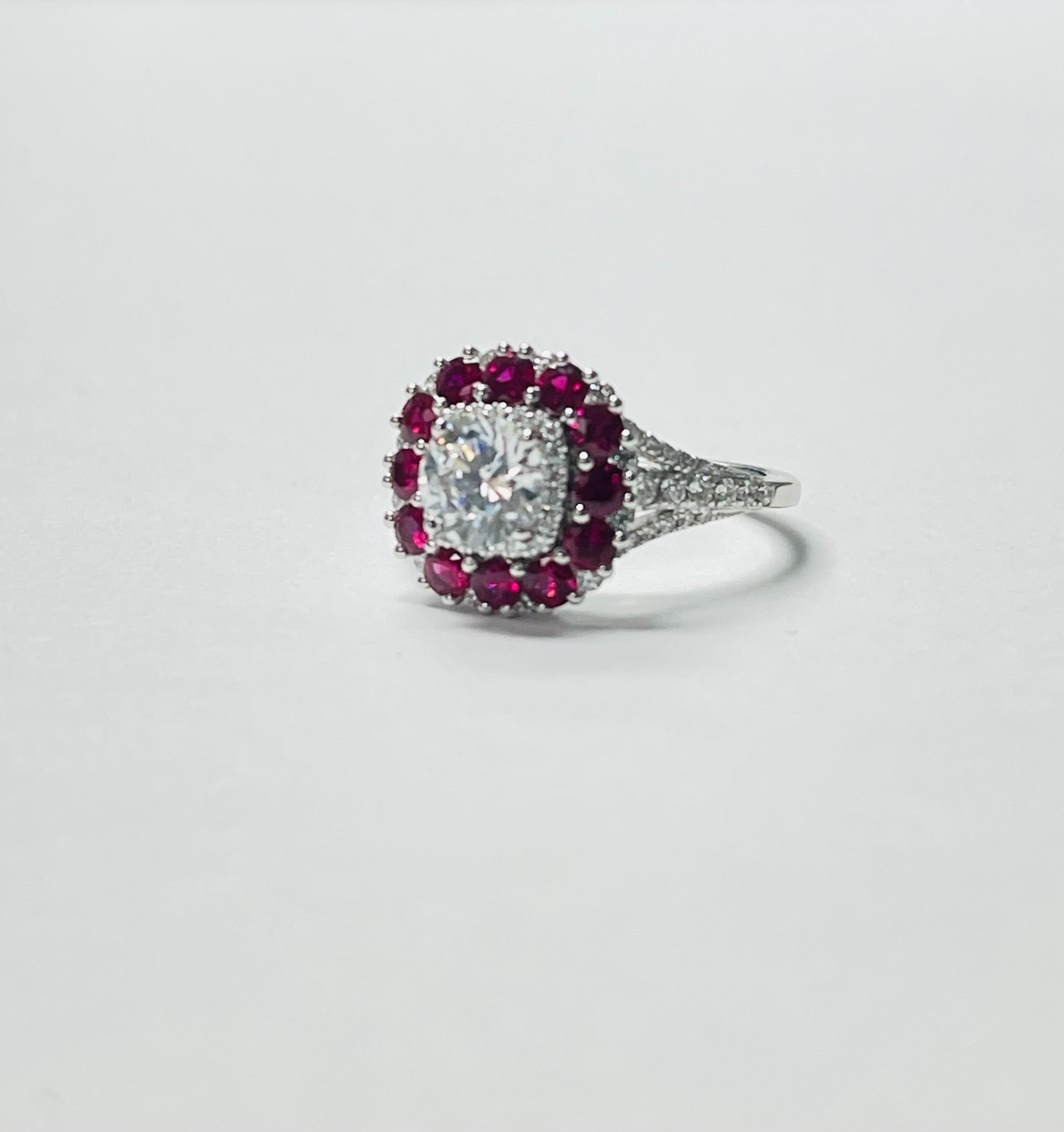 Cushion Cut Diamond, Ruby and White Sapphire Engagement Ring in 18k White Gold For Sale