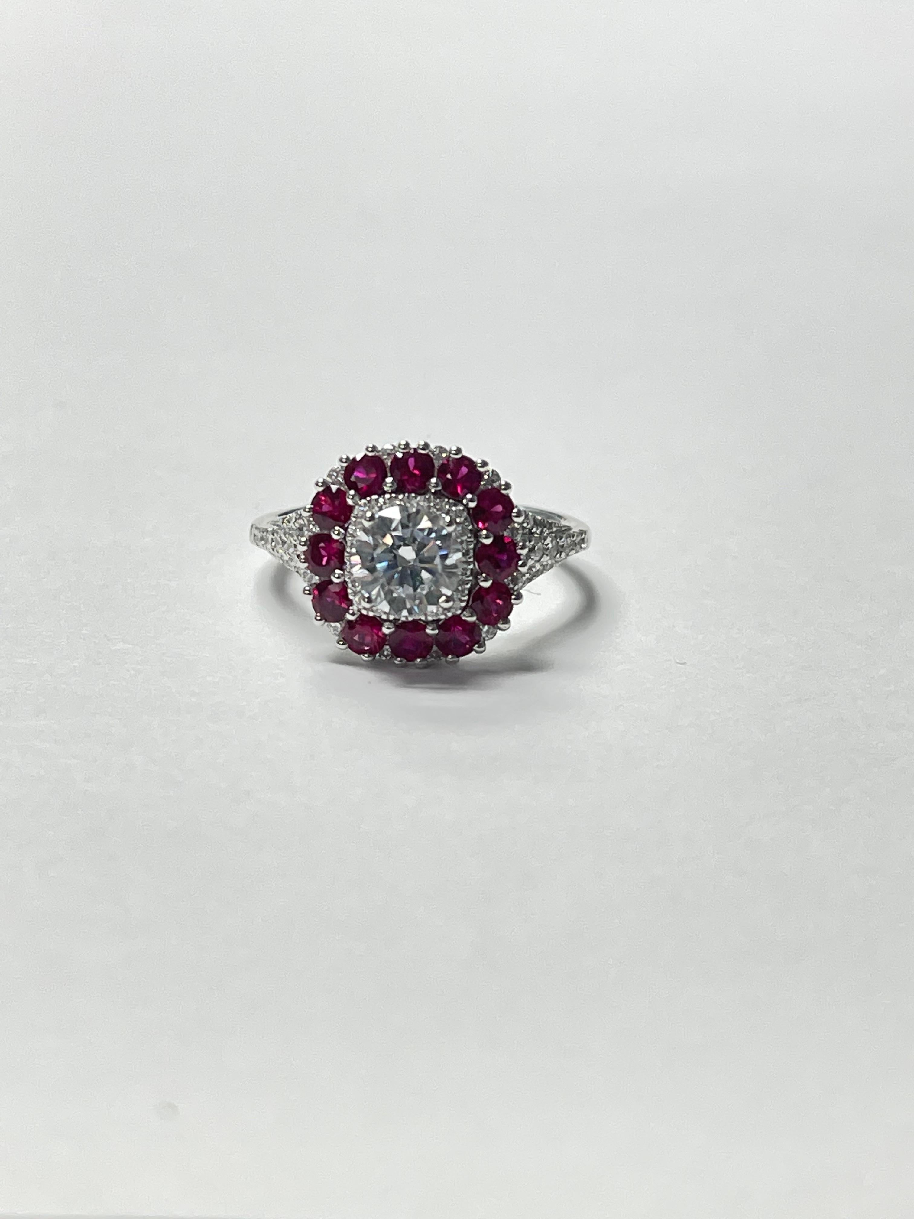 Diamond, Ruby and White Sapphire Engagement Ring in 18k White Gold In New Condition For Sale In New York, NY
