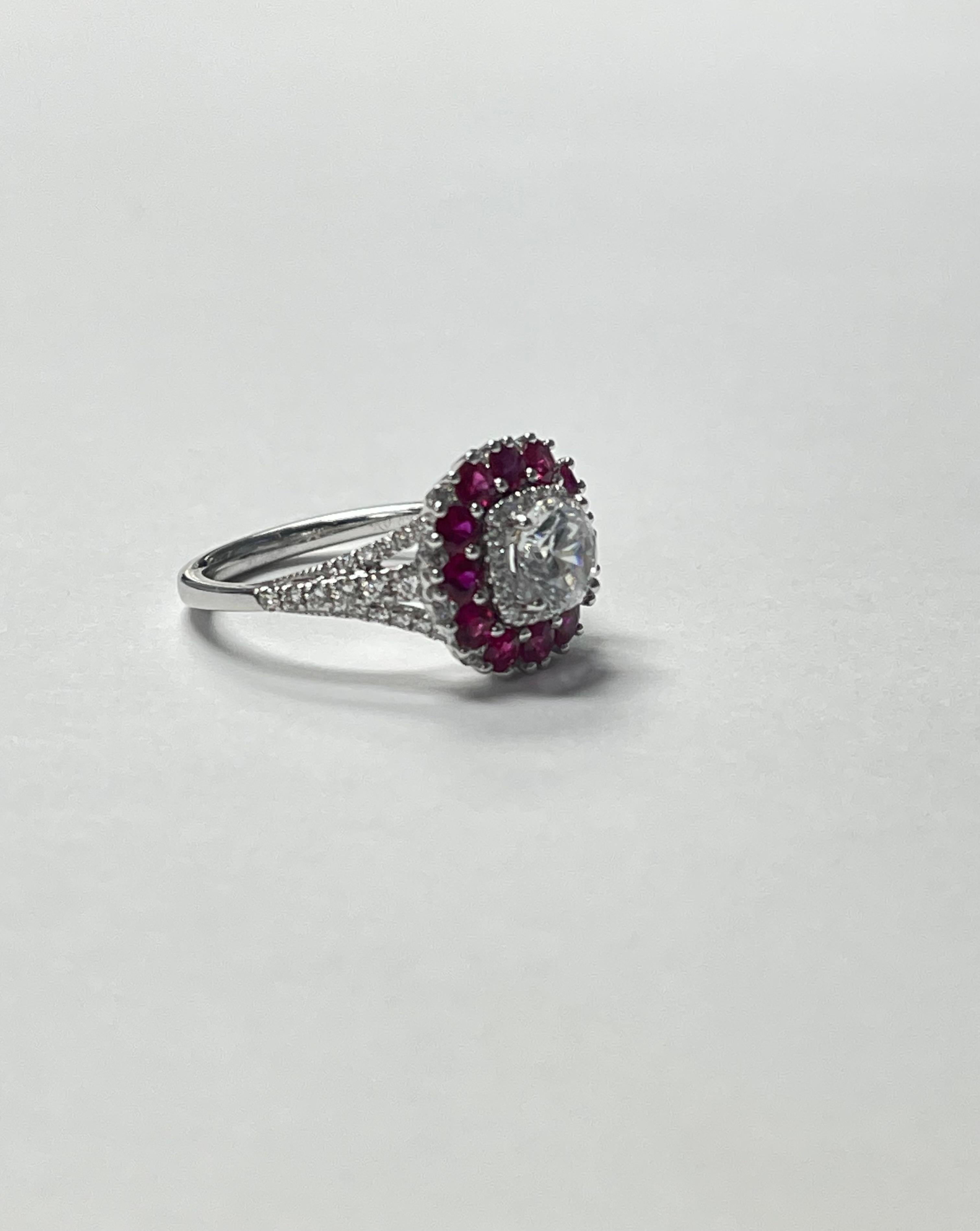 Diamond, Ruby and White Sapphire Engagement Ring in 18k White Gold For Sale 1
