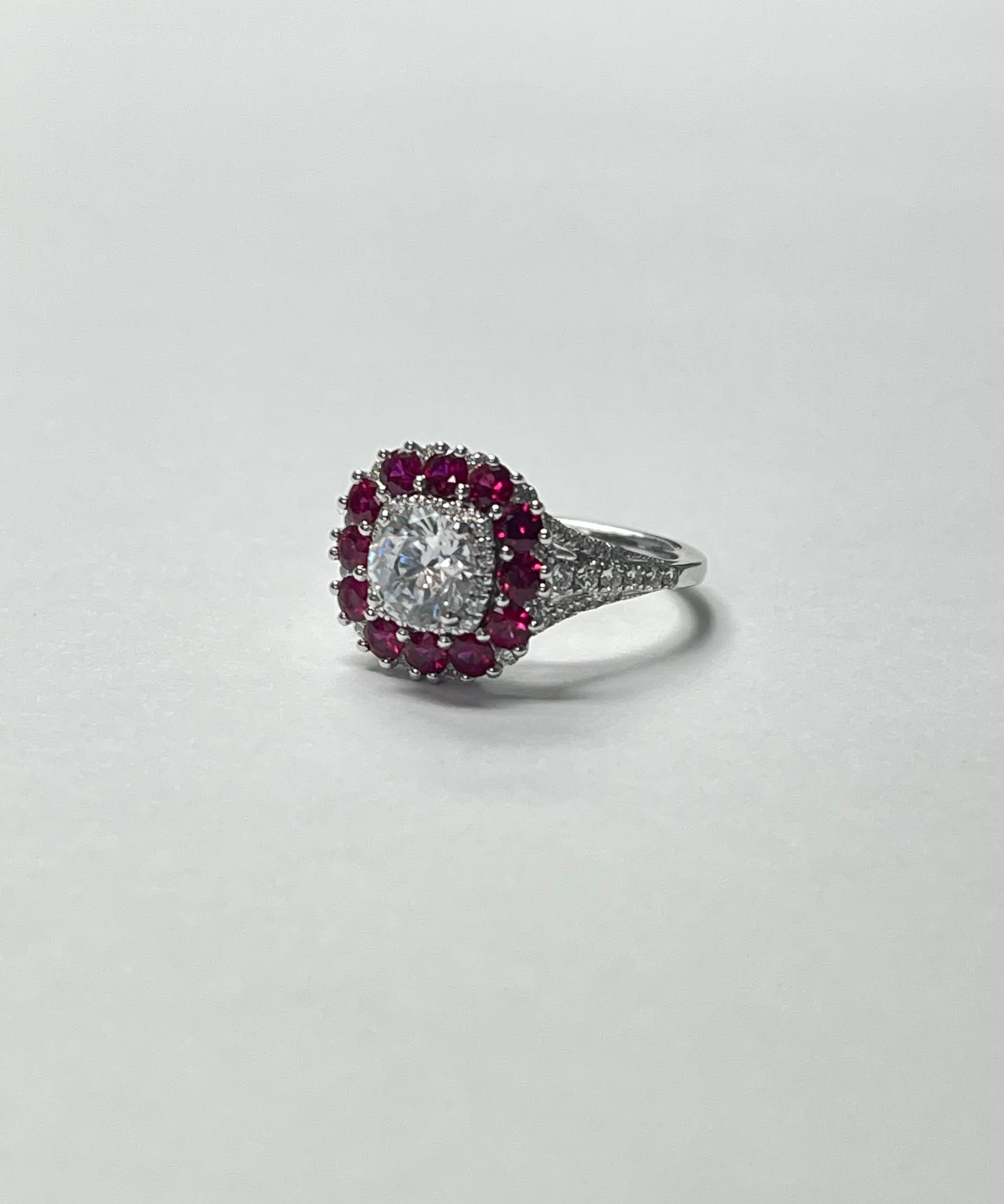Diamond, Ruby and White Sapphire Engagement Ring in 18k White Gold For Sale 2
