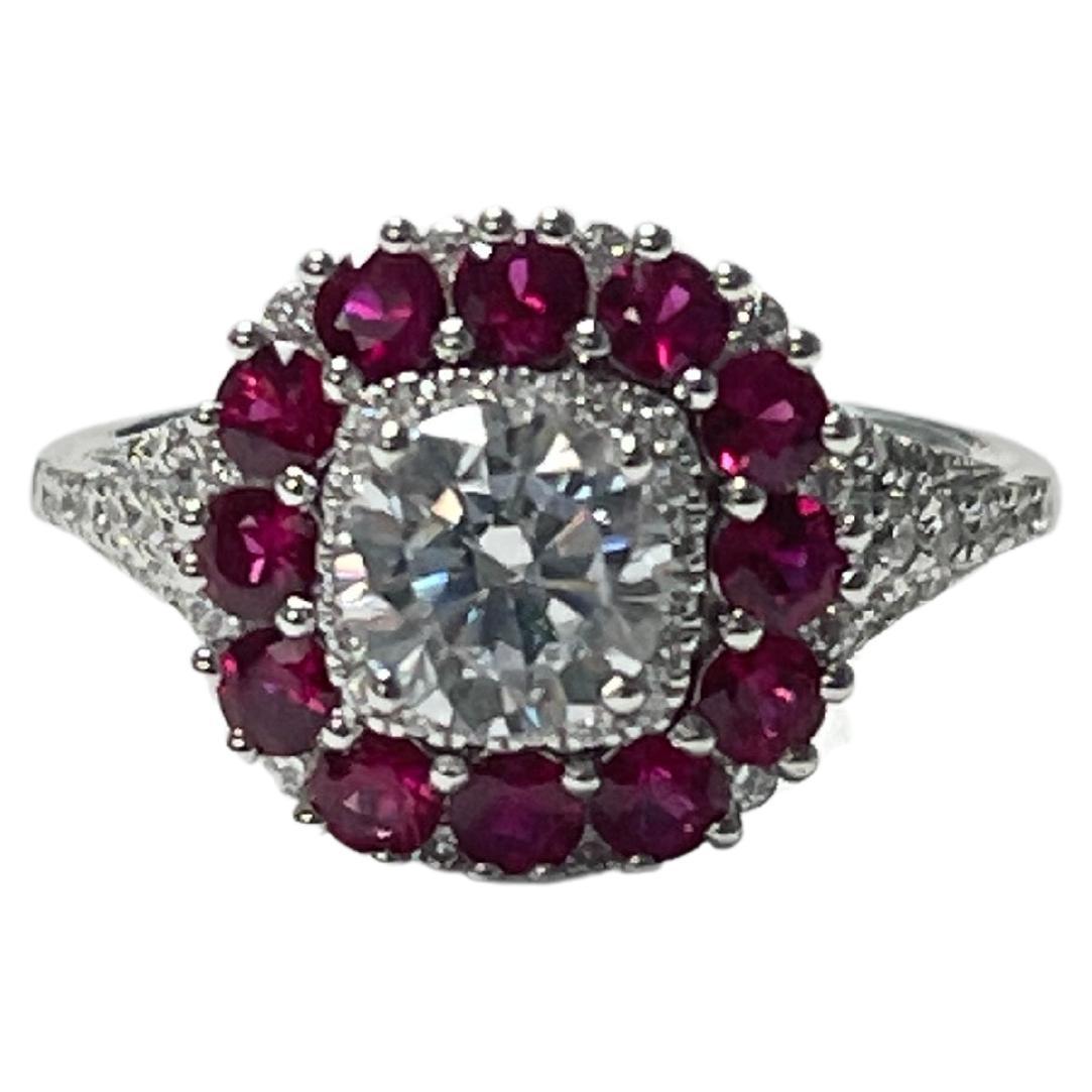 Diamond, Ruby and White Sapphire Engagement Ring in 18k White Gold For Sale