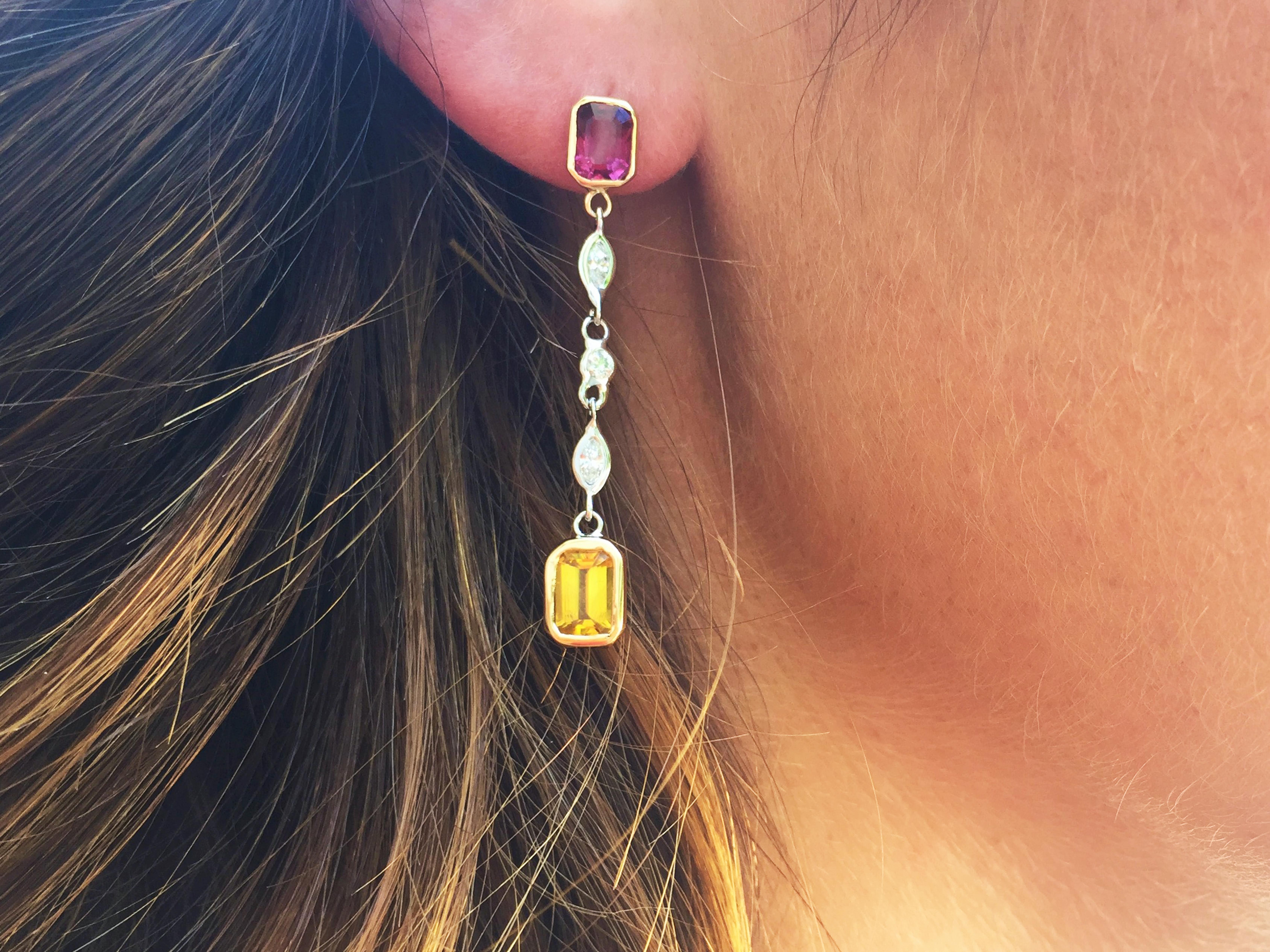 Contemporary Diamond, Ruby and Yellow Sapphire Drop Earring Weighing 2.75 Carat