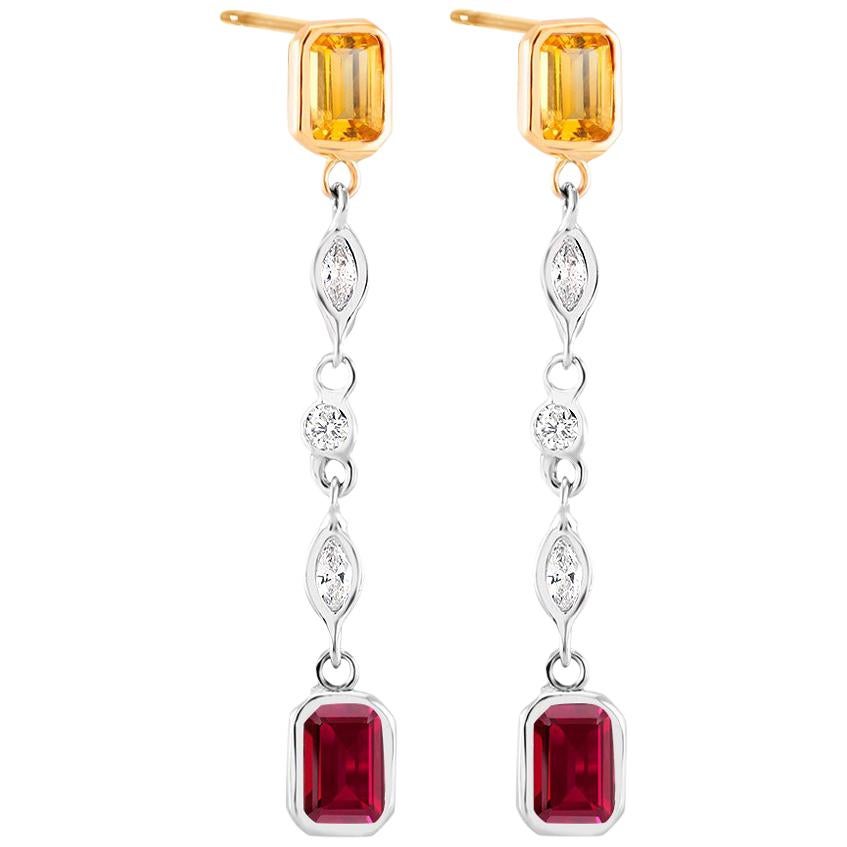 Diamond, Ruby and Yellow Sapphire Drop Earring Weighing 2.75 Carat