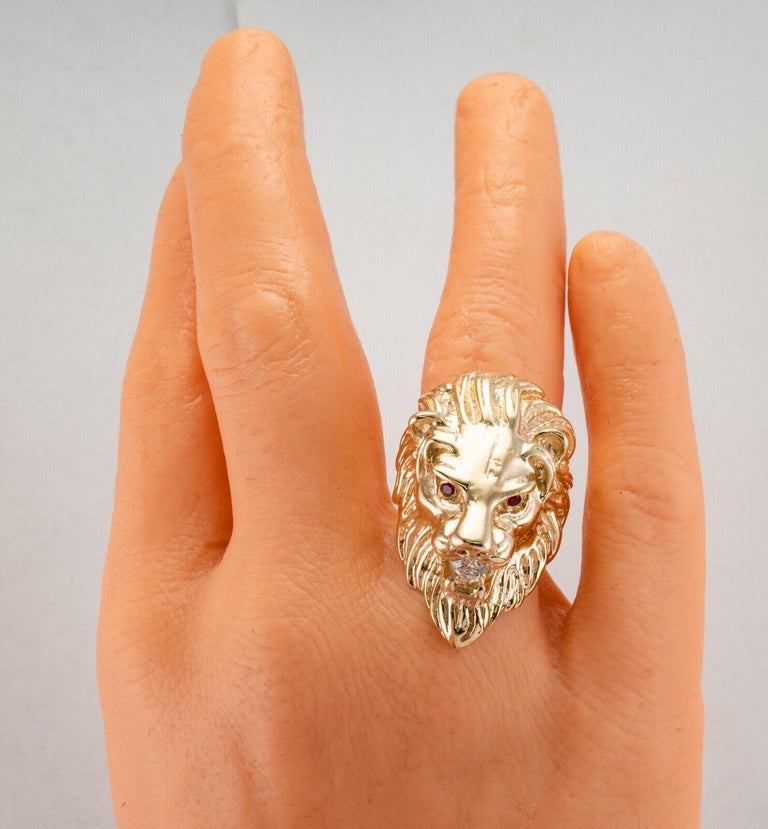 Diamond Ruby Animal Lion Ring 14K Gold Cocktail Vintage For Sale at 1stDibs