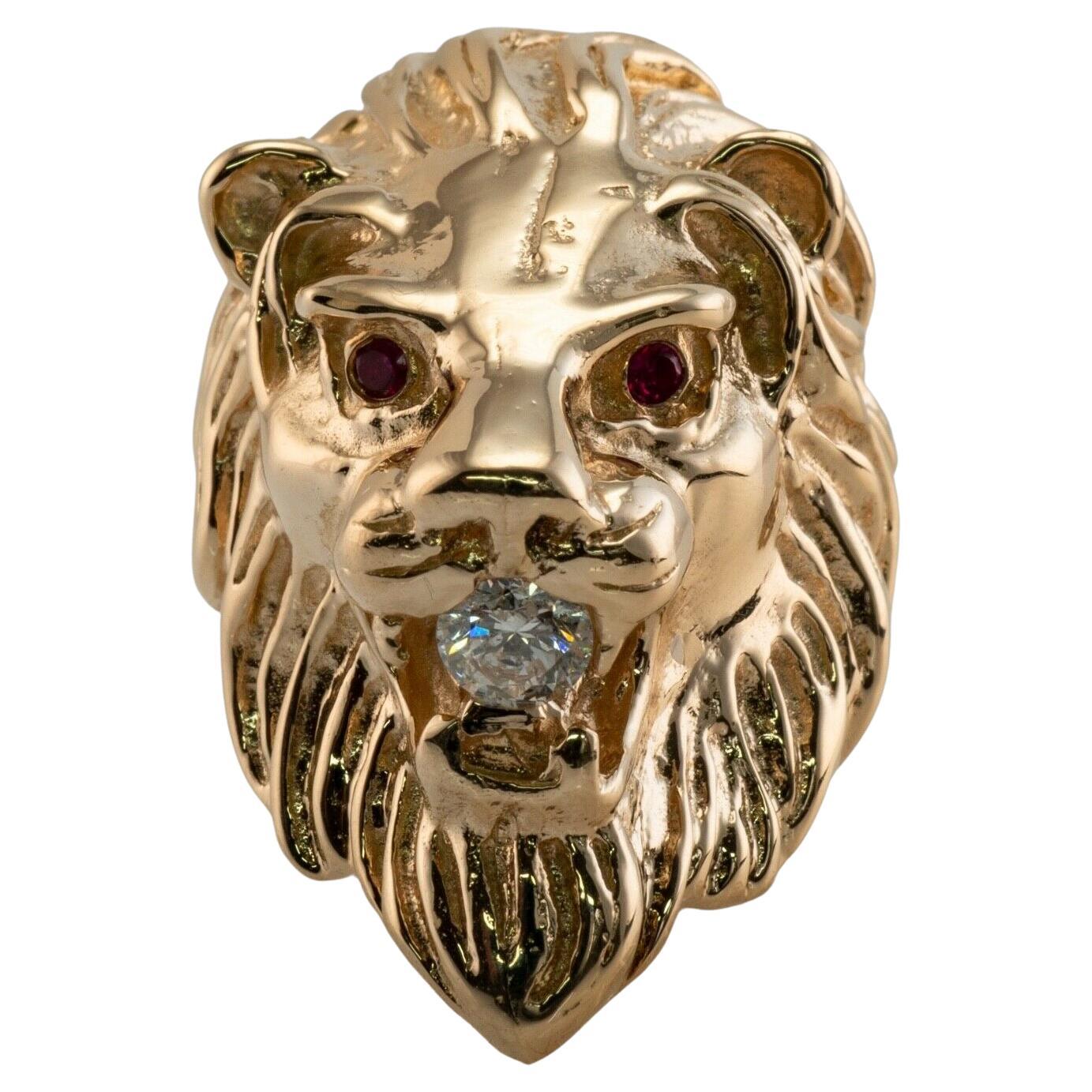 Diamond Ruby Animal Lion Ring 14K Gold Cocktail Vintage For Sale
