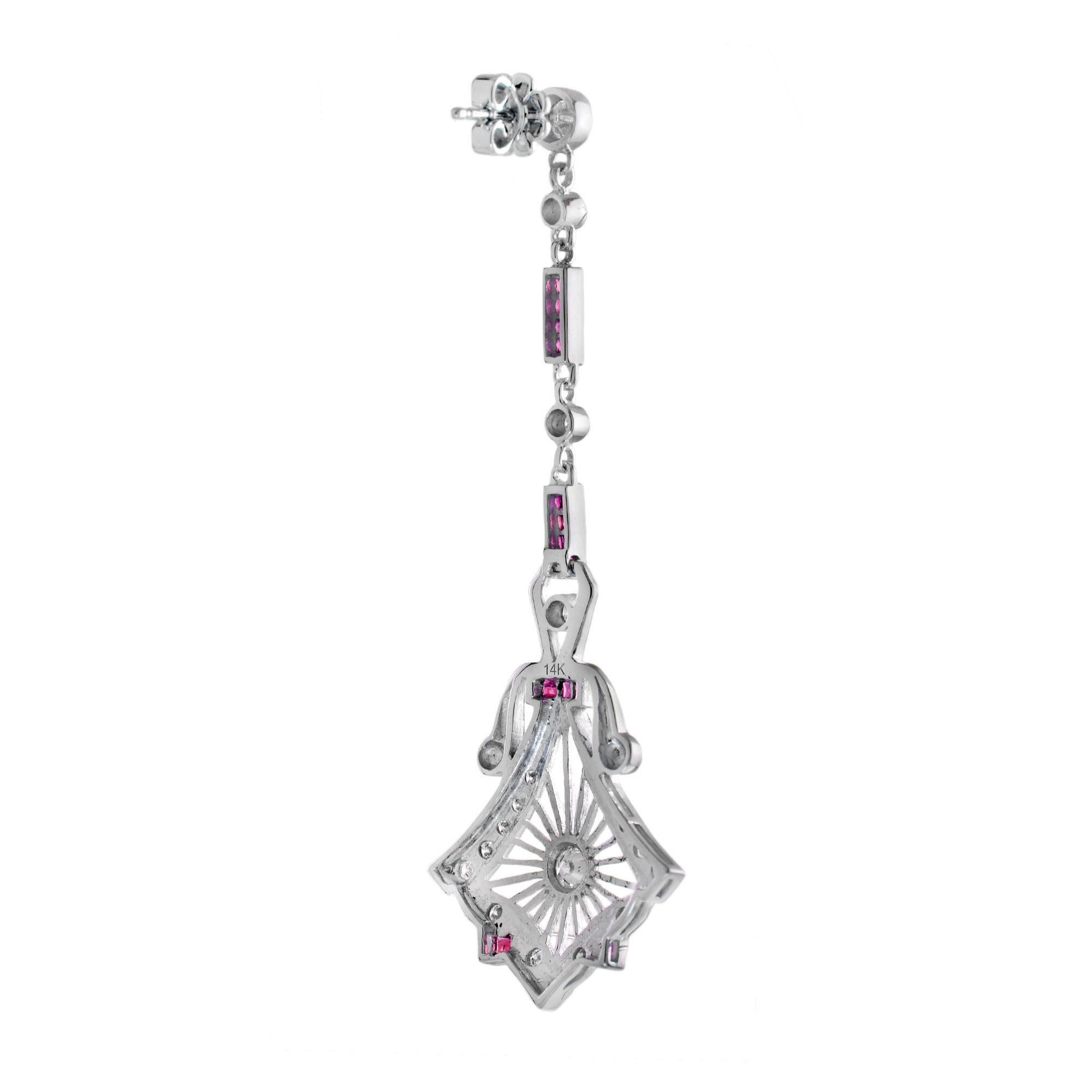 Diamant- & Rubin-Ohrringe im antiken Stil aus 14K Weißgold (Art déco) im Angebot