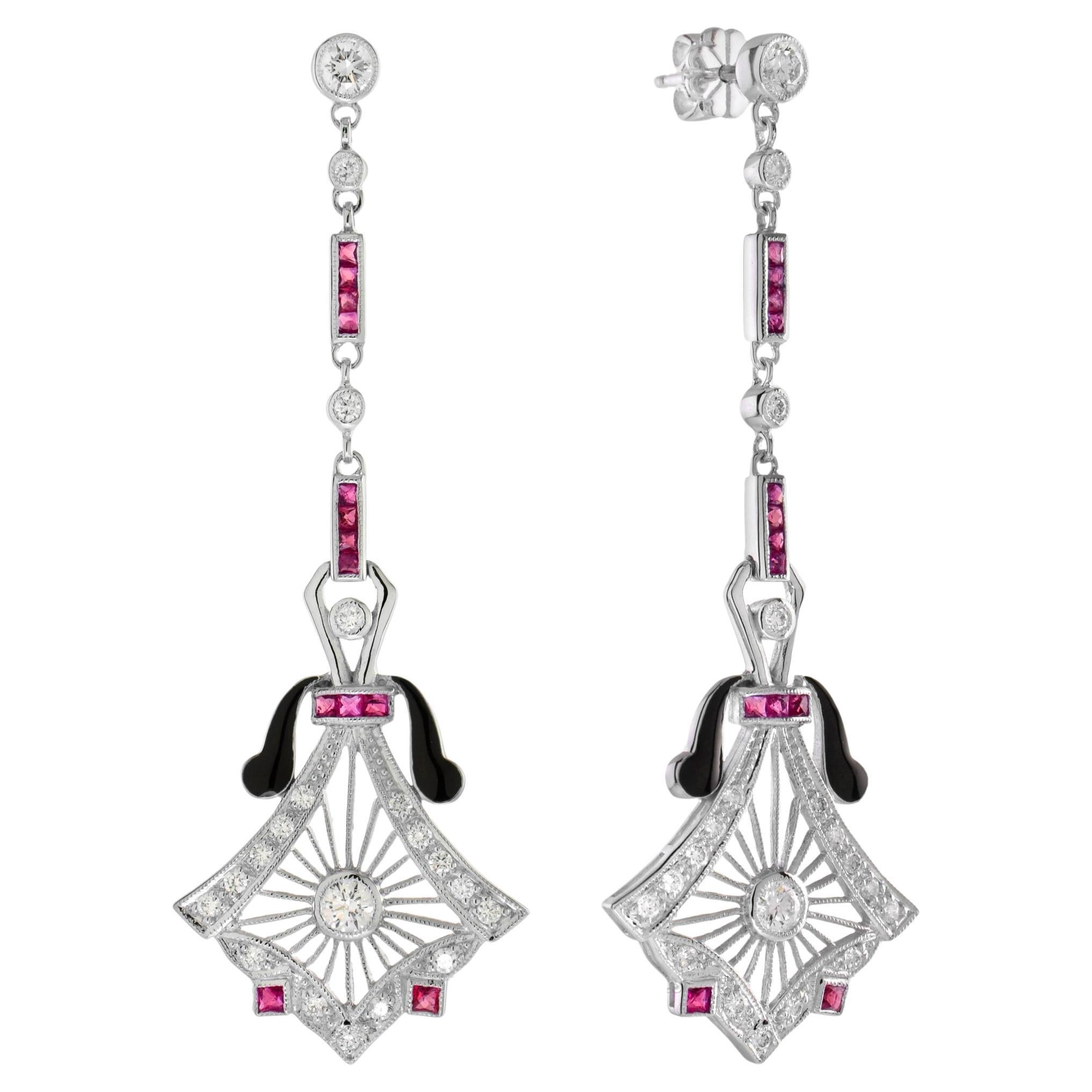 Boucles d'oreilles pendantes en or blanc 14K avec diamants et rubis de style antique