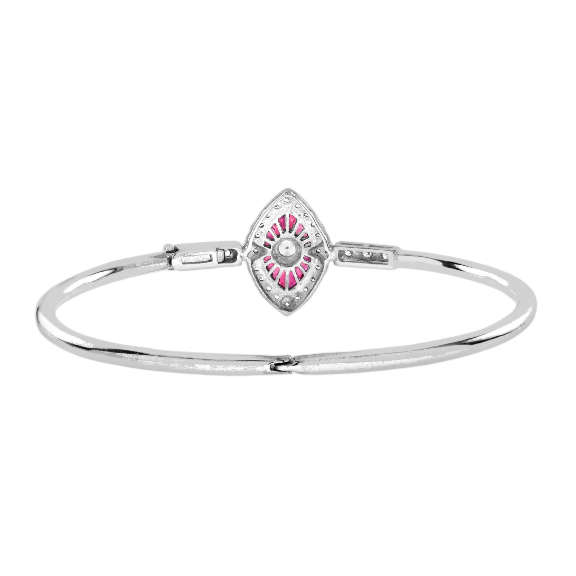 Round Cut Diamond & Ruby Art Deco Inspired Fancy Halo Motif 14K White Gold Bangle Bracelet For Sale
