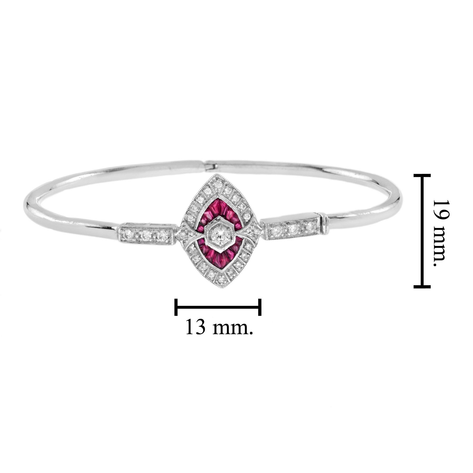 Diamond & Ruby Art Deco Inspired Fancy Halo Motif 14K White Gold Bangle Bracelet In New Condition For Sale In Oakton, VA