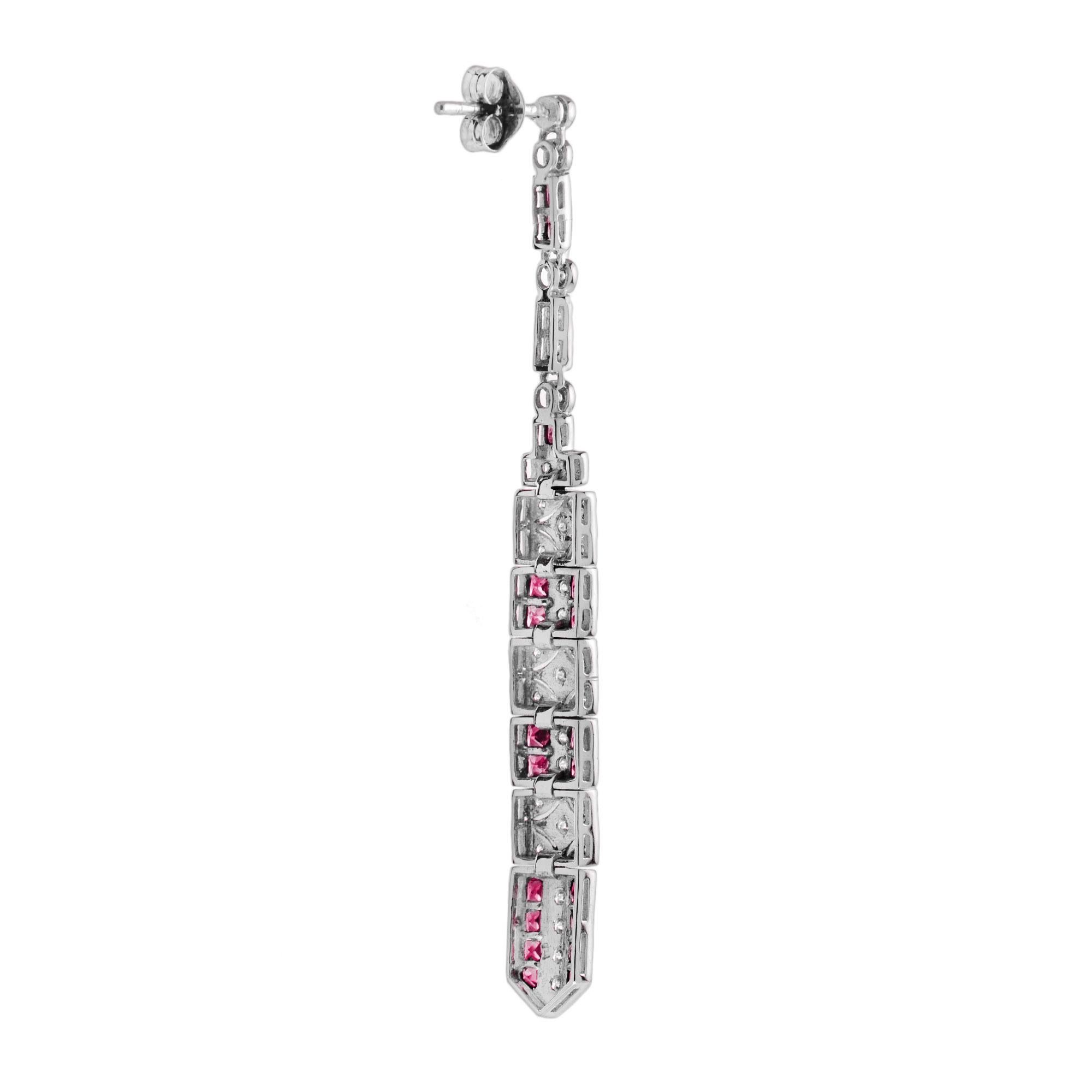 French Cut Diamond & Ruby Art Deco Inspired Style Bar Drop 14K White Gold Dangle Earrings For Sale