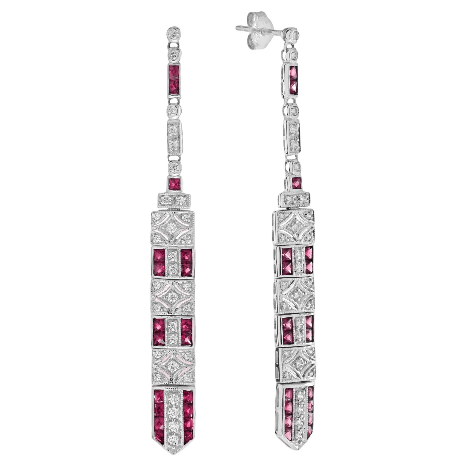 Diamond & Ruby Art Deco Inspired Style Bar Drop 14K White Gold Dangle Earrings For Sale