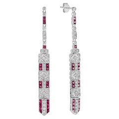 Diamond & Ruby Art Deco Inspired Style Bar Drop 14K White Gold Dangle Earrings