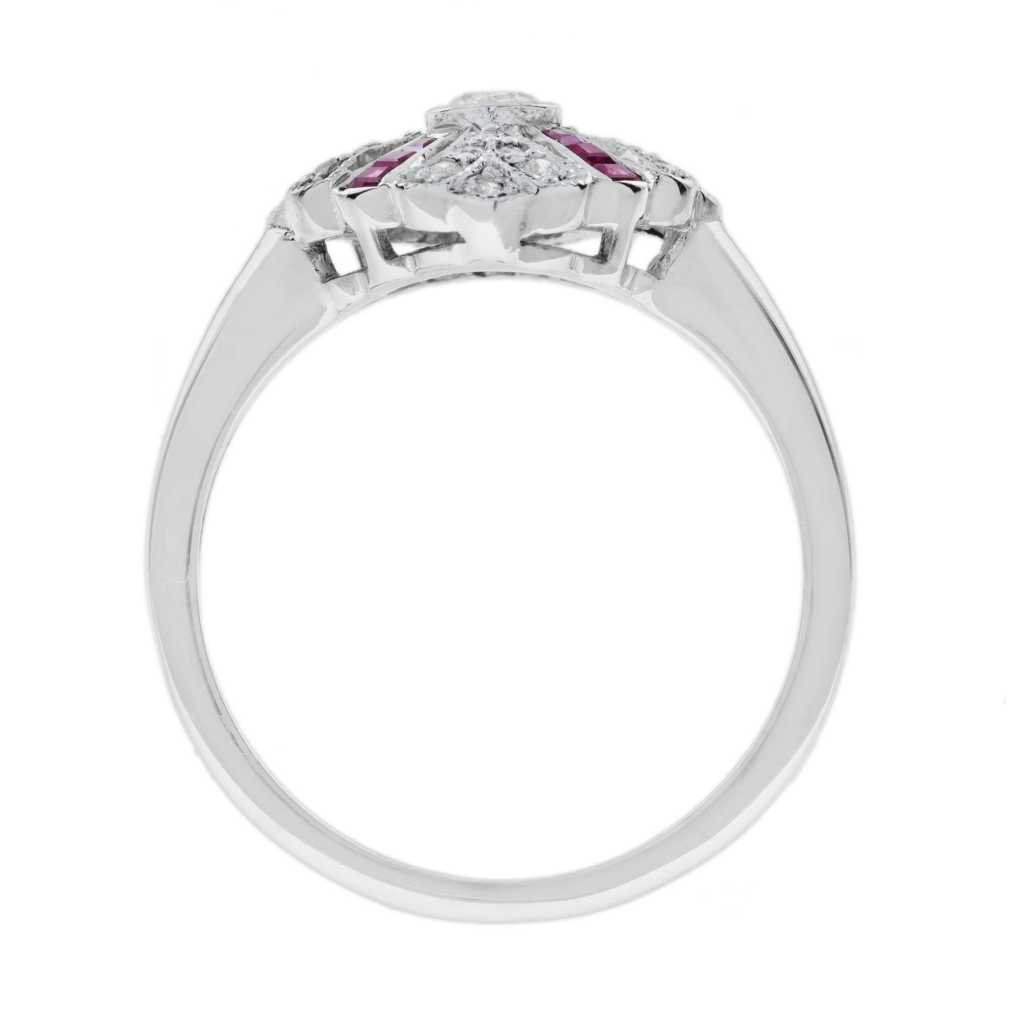 Diamant & Rubin Art Deco Stil 14K Weißgold Ring (Rundschliff) im Angebot