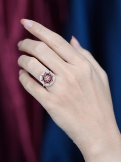 Diamond Ruby Art Deco Style Concentric Target Engagement Ring in 18K Yellow Gold