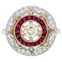 Diamond Ruby Art Deco Style Concentric Target Engagement Ring in 18K Yellow Gold