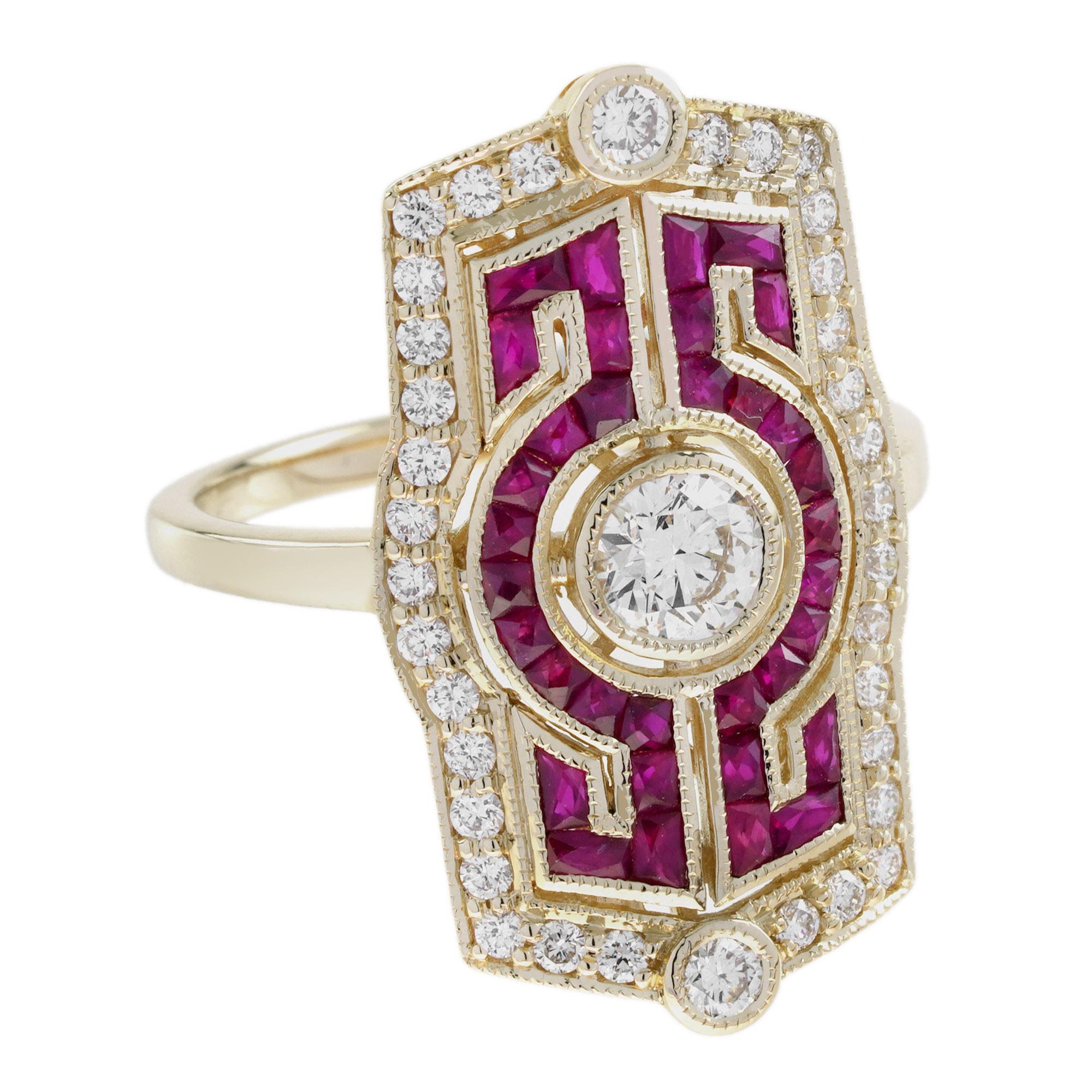Bague de style Art Déco en or jaune 18 carats avec diamant et rubis en vente 1