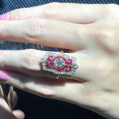 Diamond Ruby Art Deco Style Dinner Ring in 18K Yellow Gold