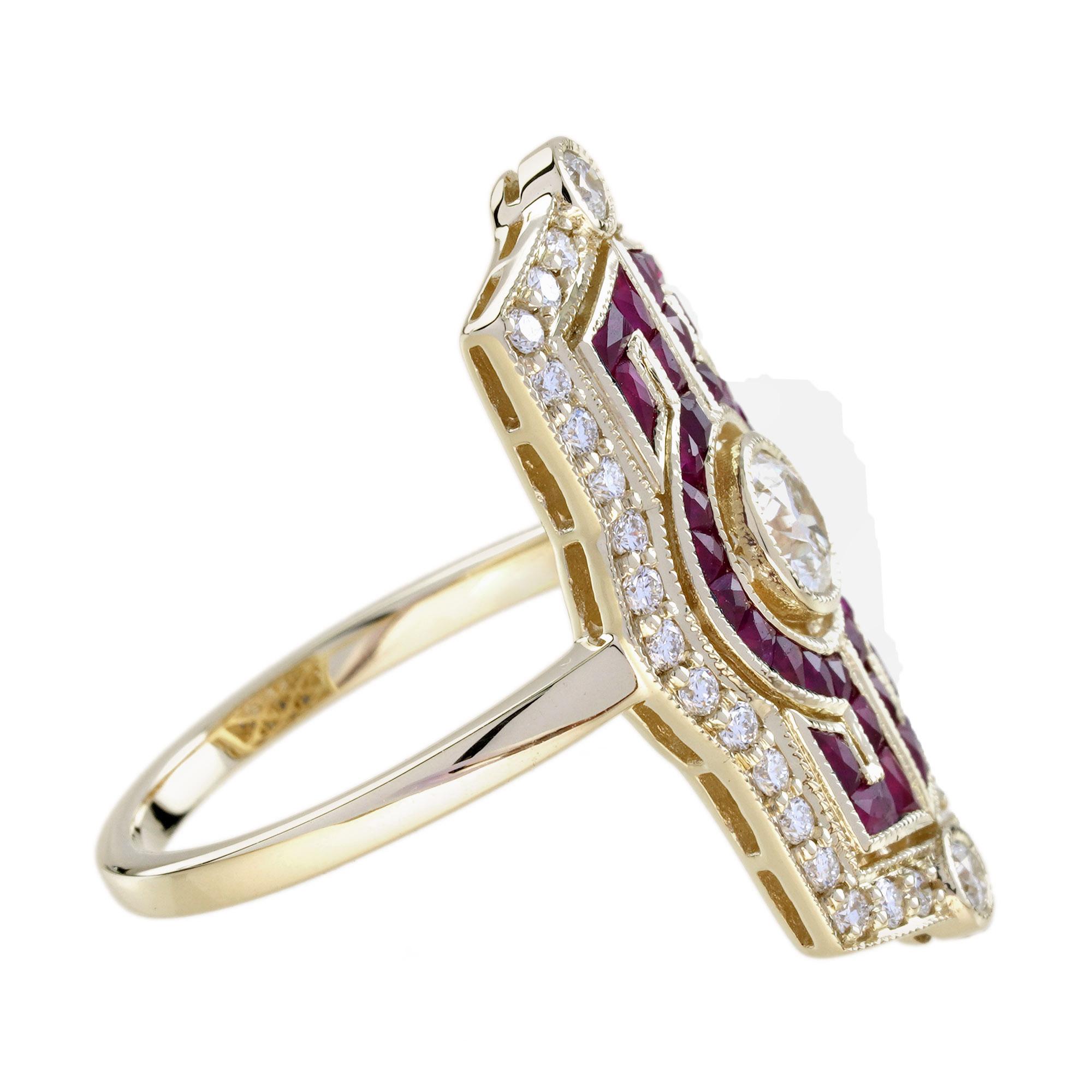Bague de style Art Déco en or jaune 18 carats avec diamant et rubis en vente 2