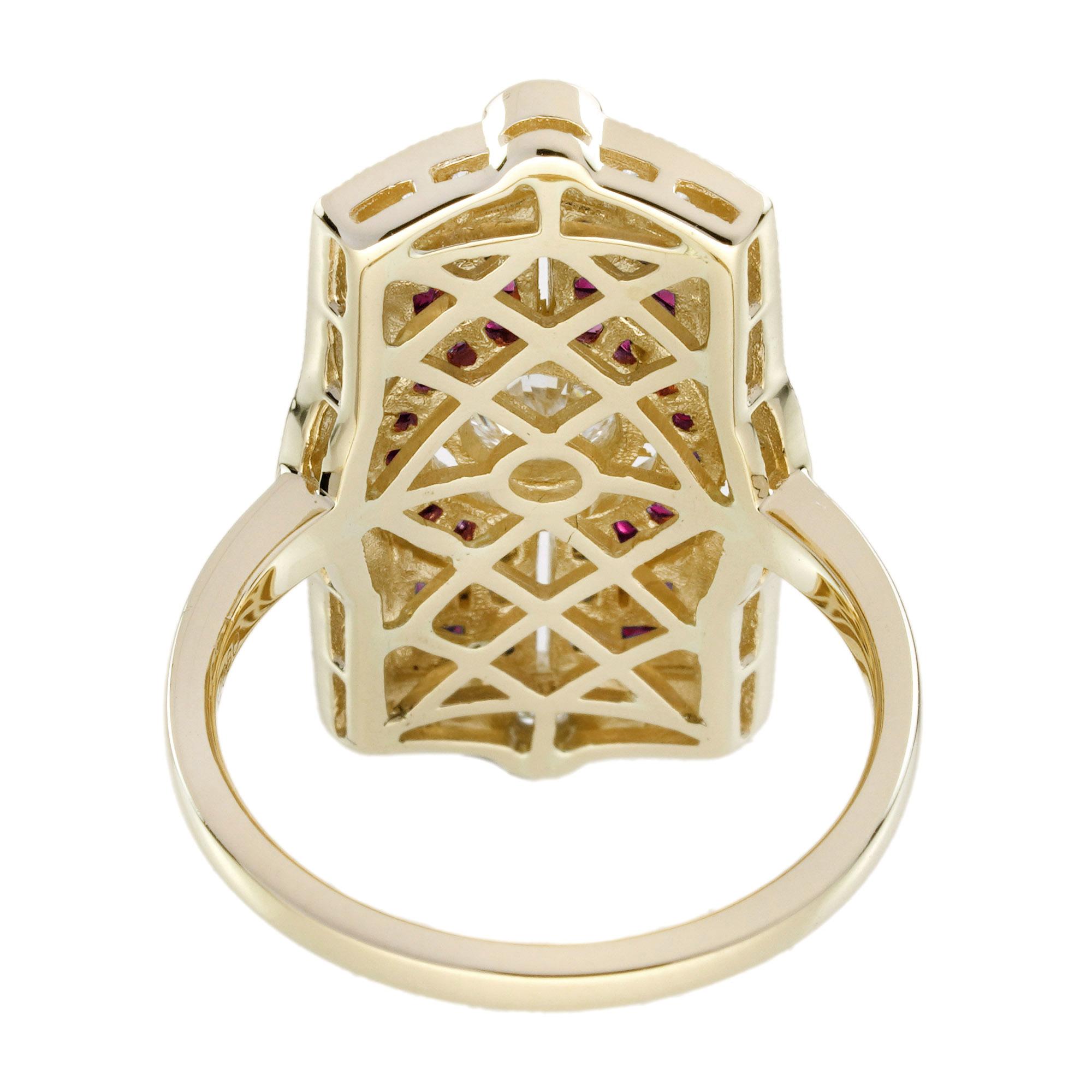 Bague de style Art Déco en or jaune 18 carats avec diamant et rubis en vente 3