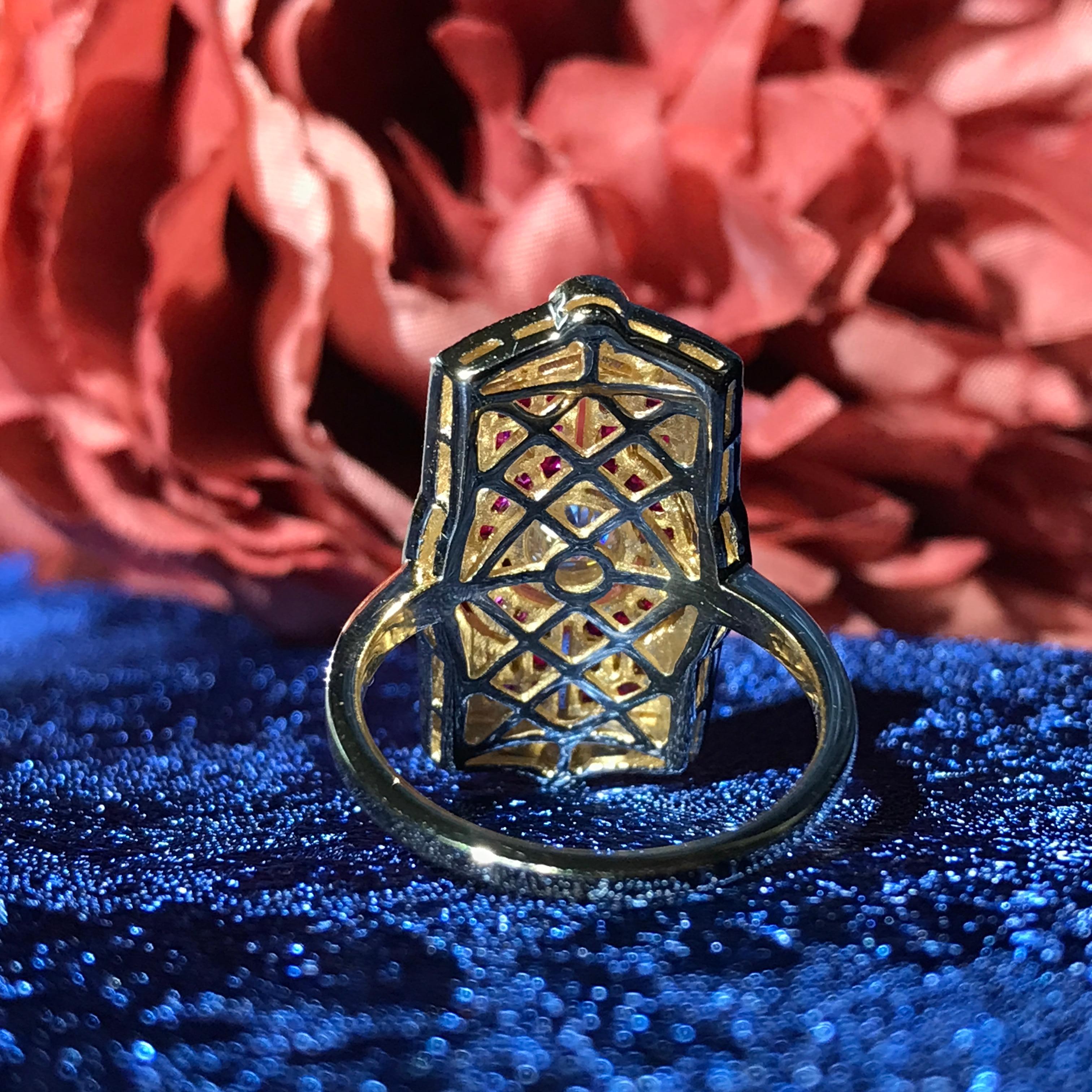 Bague de style Art Déco en or jaune 18 carats avec diamant et rubis Pour femmes en vente