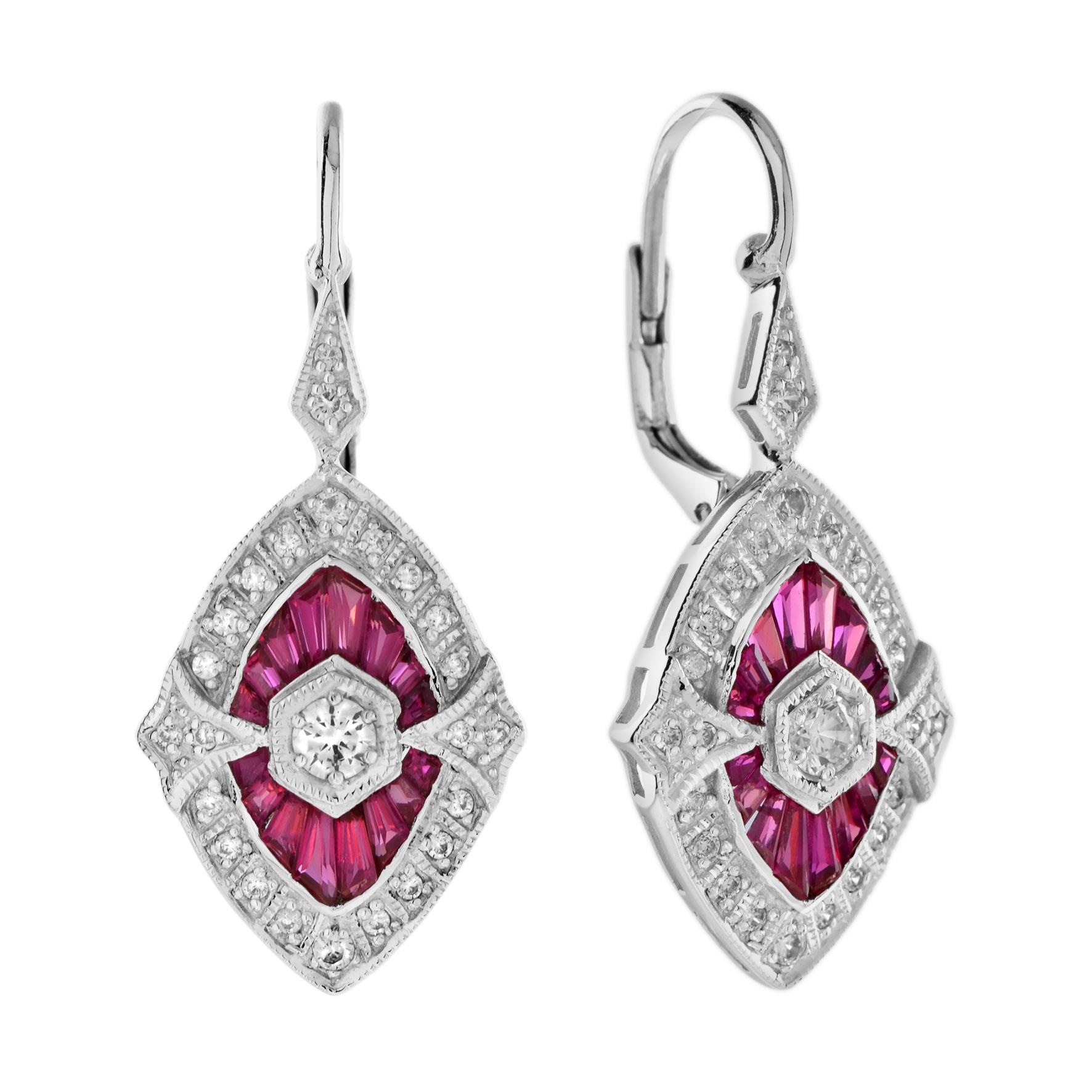 She will adore the Art Deco style brilliant sparkle of these romantic diamond and natural ruby drop earrings and bangle set. Crated in 18k white gold with millgrain setting, each light-catching piece features a marquise-shape composite of round
