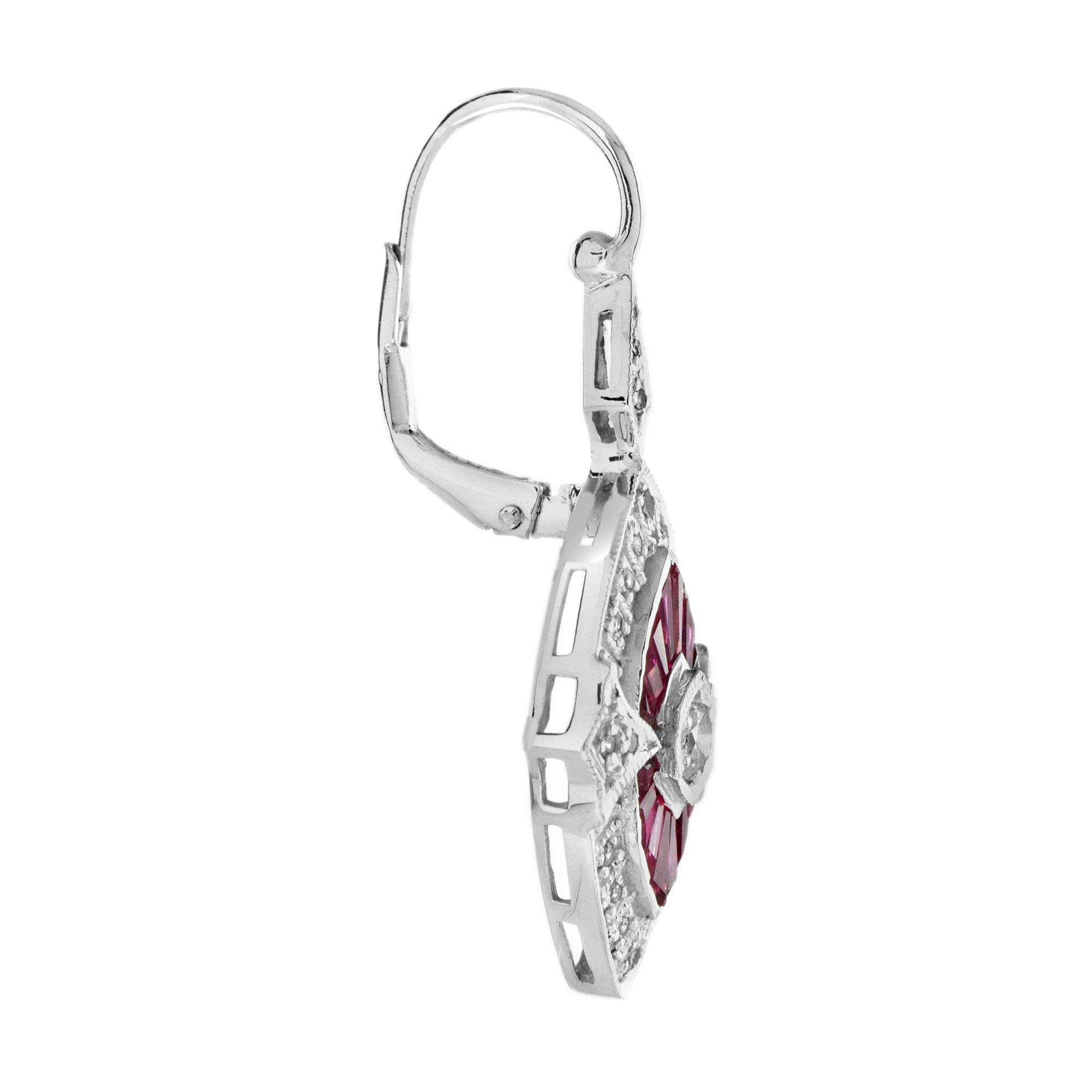 Round Cut Diamond Ruby Art Deco Style Drop Earrings and Bangle Lover Set in 18K White Gold For Sale