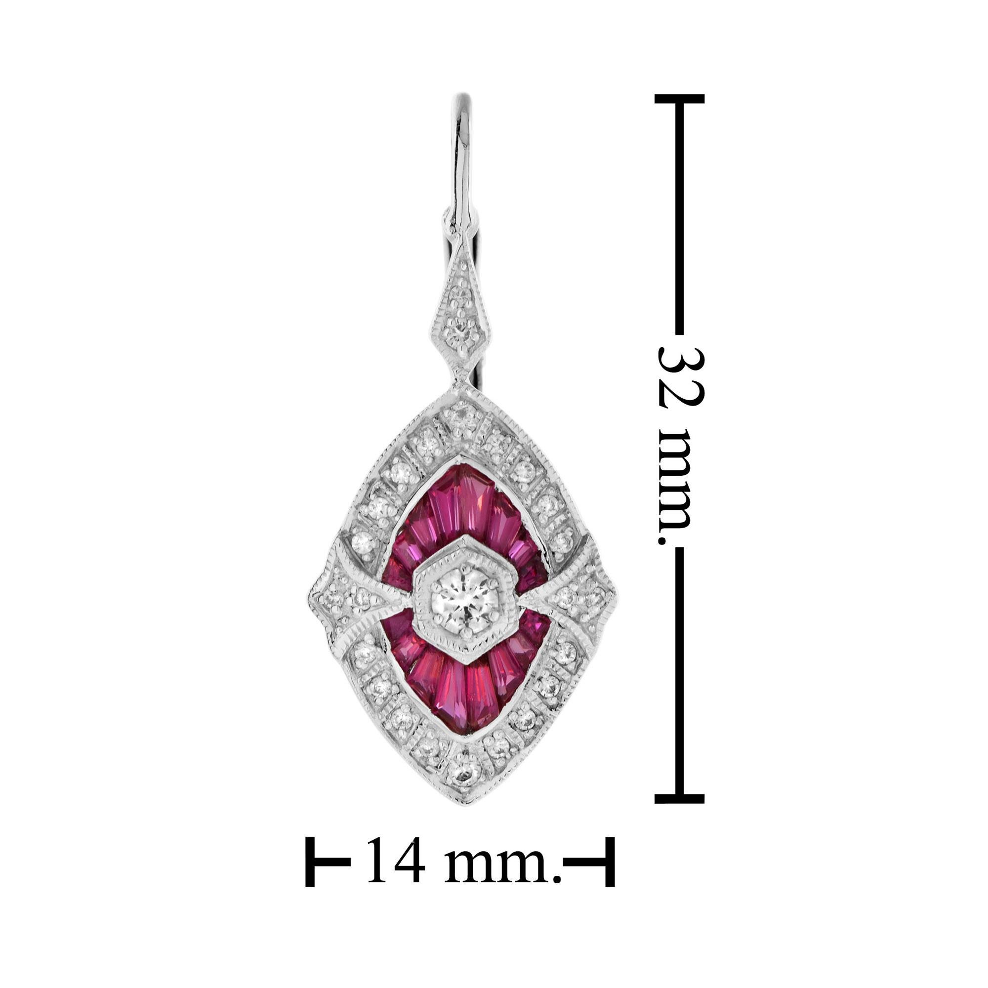 Women's Diamond Ruby Art Deco Style Drop Earrings and Bangle Lover Set in 18K White Gold For Sale