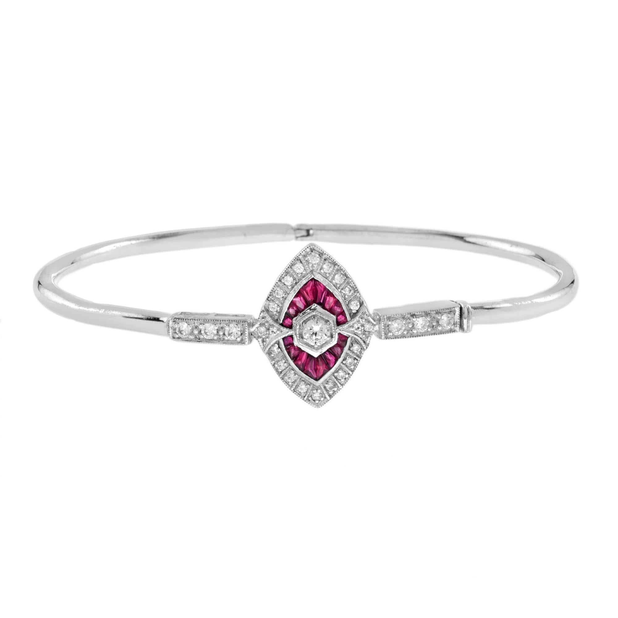Diamond Ruby Art Deco Style Drop Earrings and Bangle Lover Set in 18K White Gold For Sale 2