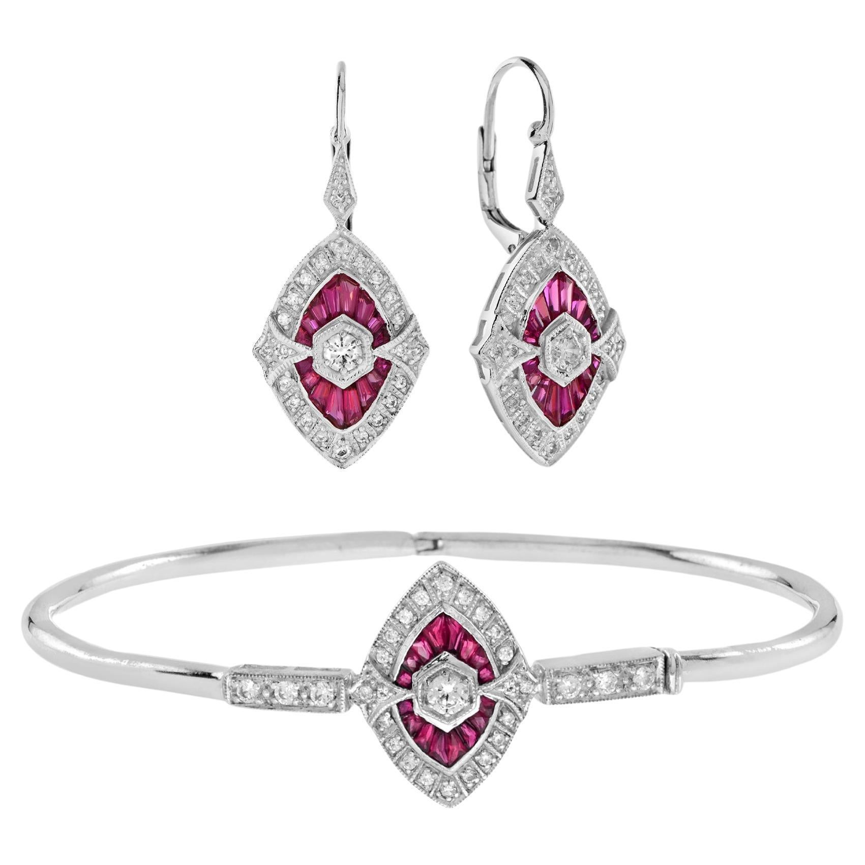 Boucles d'oreilles pendantes et bracelet jonc de style Art déco en or blanc 18 carats avec diamants et rubis