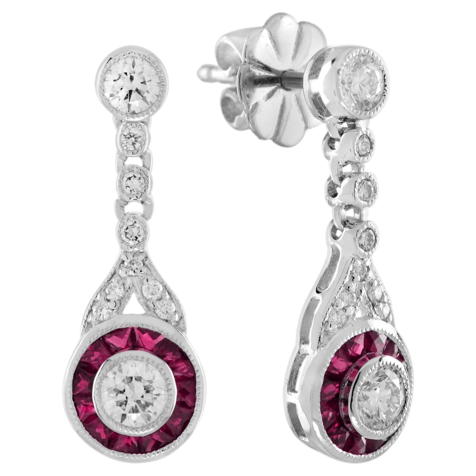 Diamond Ruby Art Deco Style Drop Earrings in 14K White Gold
