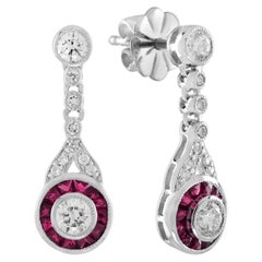 Orecchini a goccia con diamante e rubino in stile Art Deco in oro bianco 14K