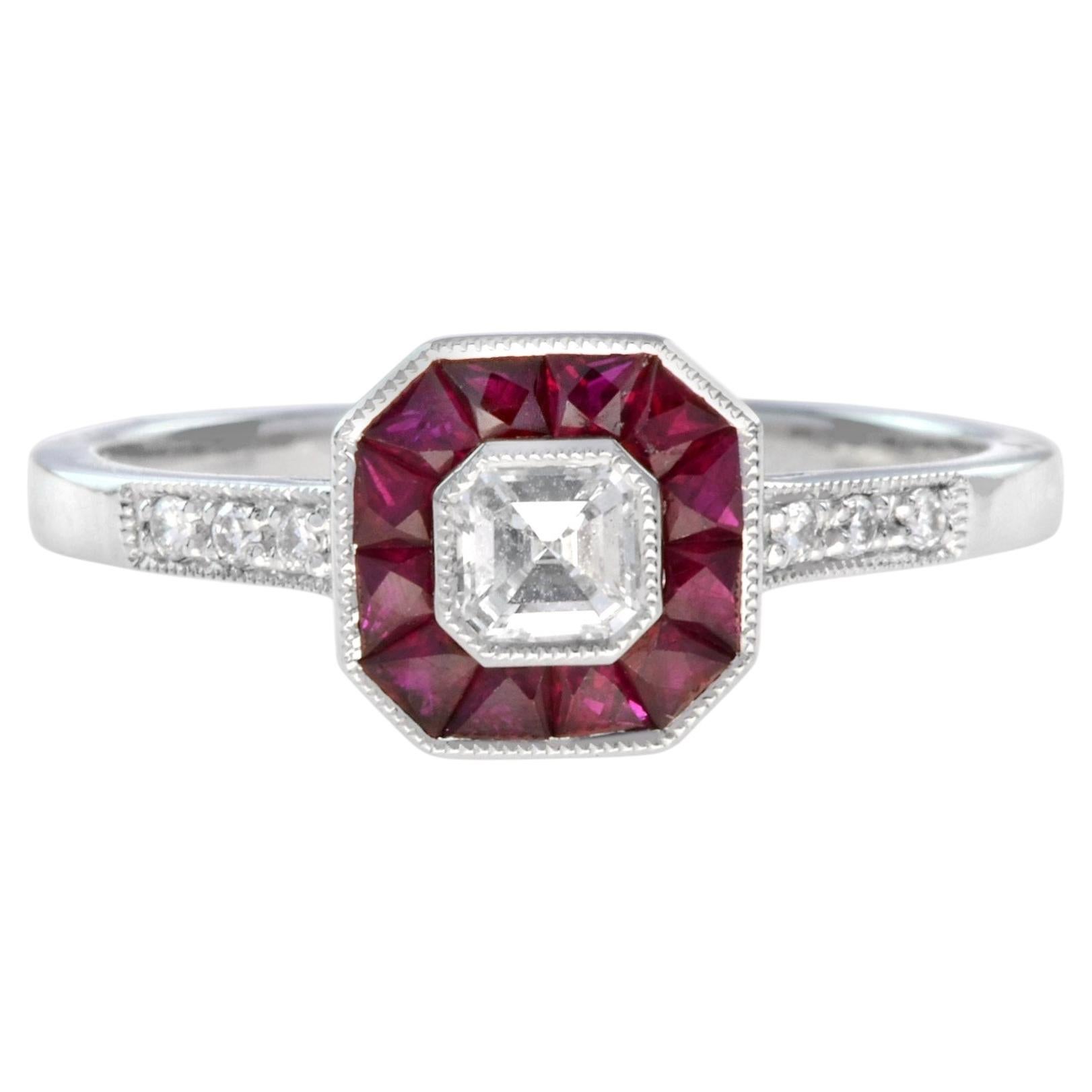 Diamond Ruby Art Deco Style Engagement Ring in 14K White Gold
