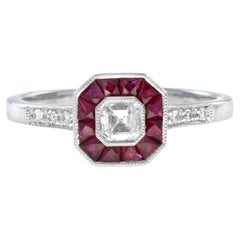 Diamond Ruby Art Deco Style Engagement Ring in 14K White Gold