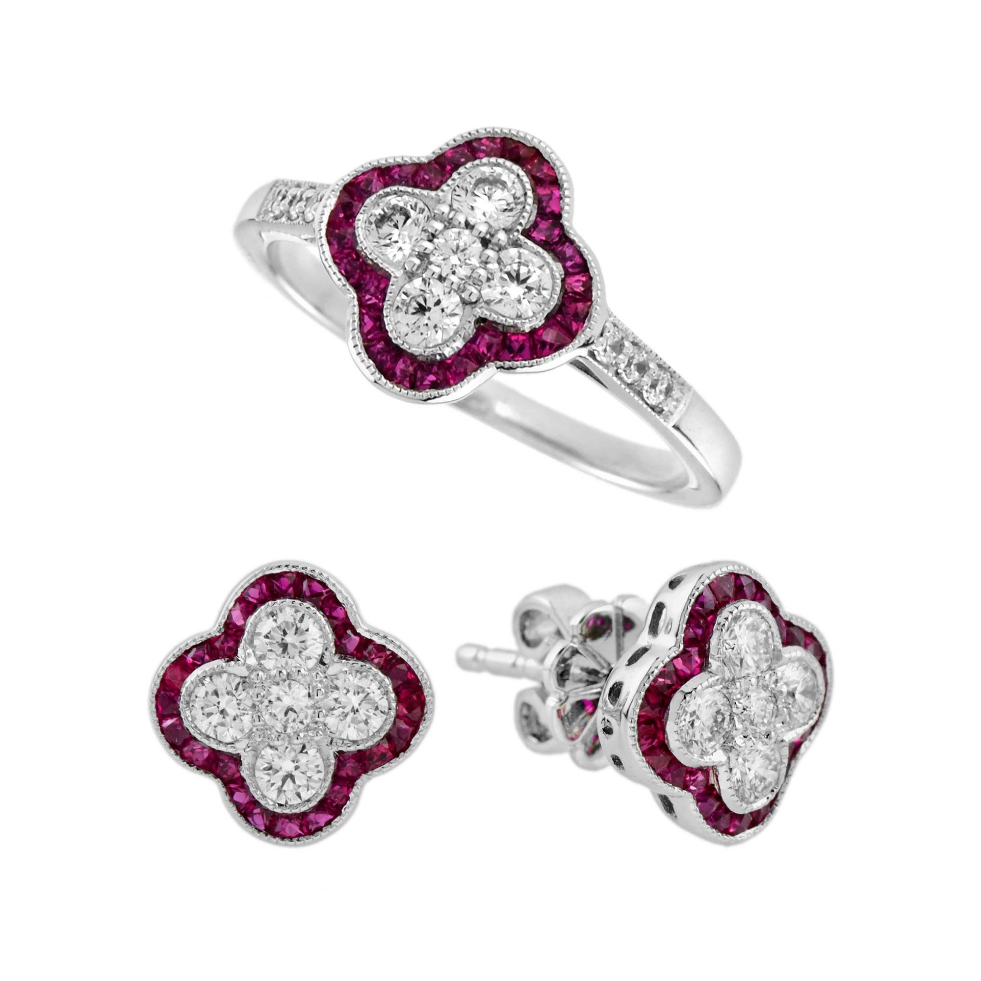 Art déco Bague et boucles d'oreilles en or blanc avec diamant et rubis de style Art Déco en vente