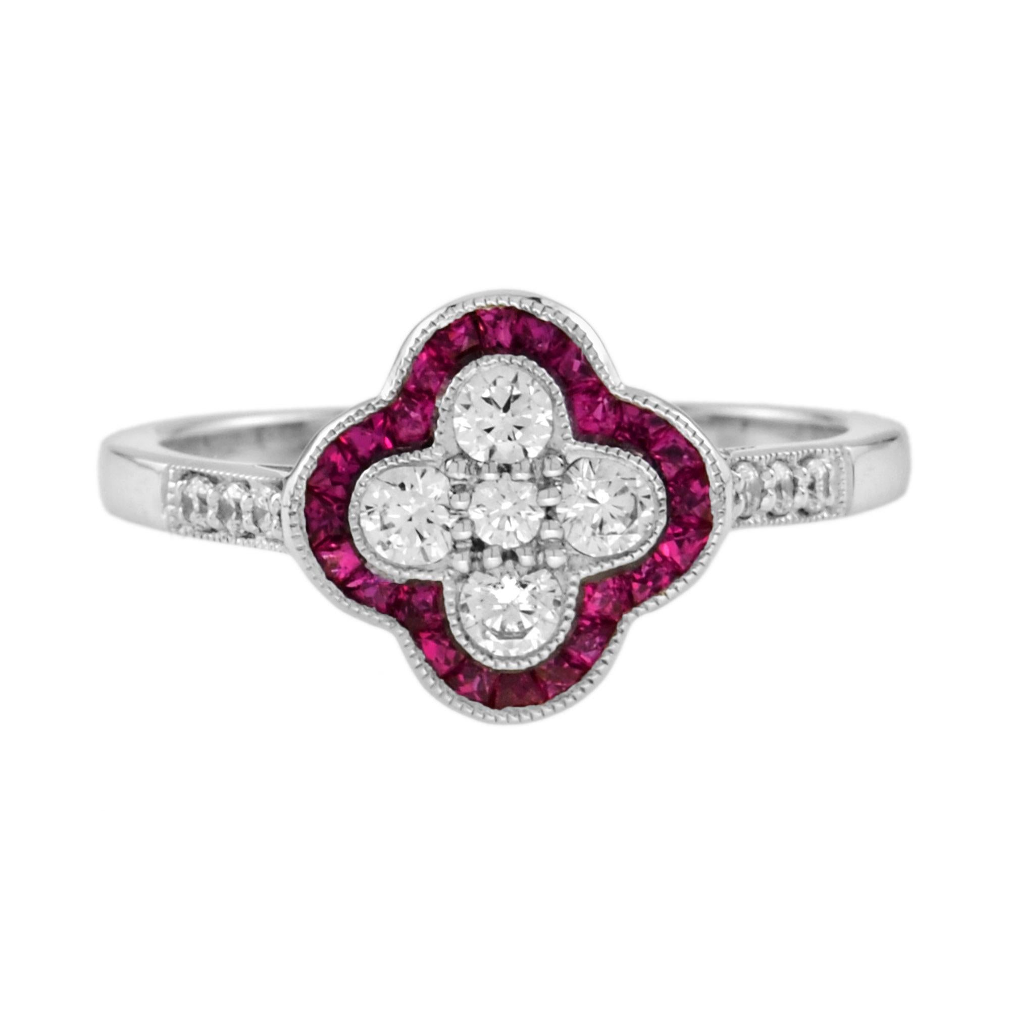 Bague et boucles d'oreilles en or blanc avec diamant et rubis de style Art Déco Pour femmes en vente