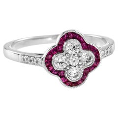 Diamond Ruby Art Deco Style Floral Cluster Ring & Earring Lover White Gold Set