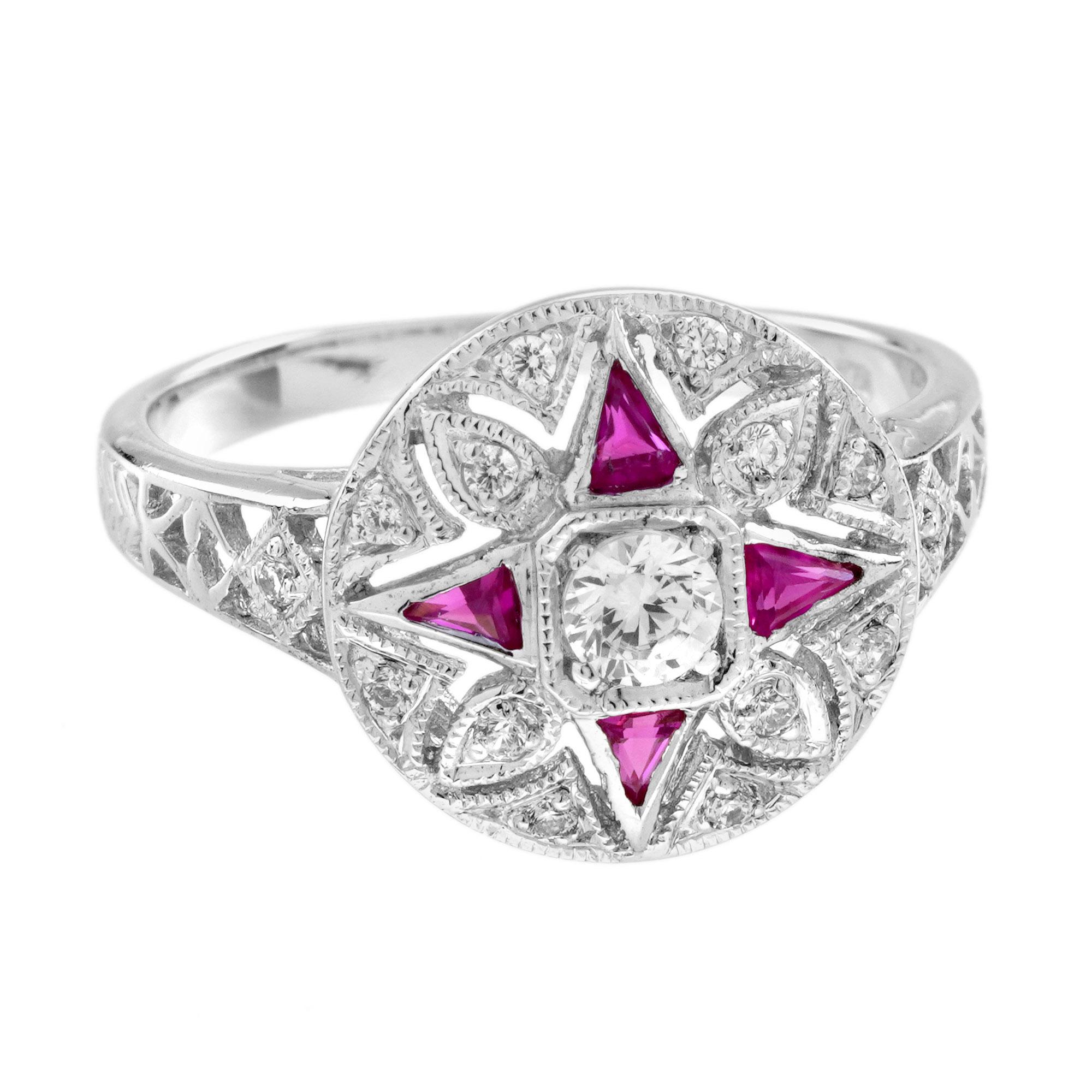 Diamond Ruby Art Deco Style Floral Ring in 14K White Gold In New Condition For Sale In Bangkok, TH