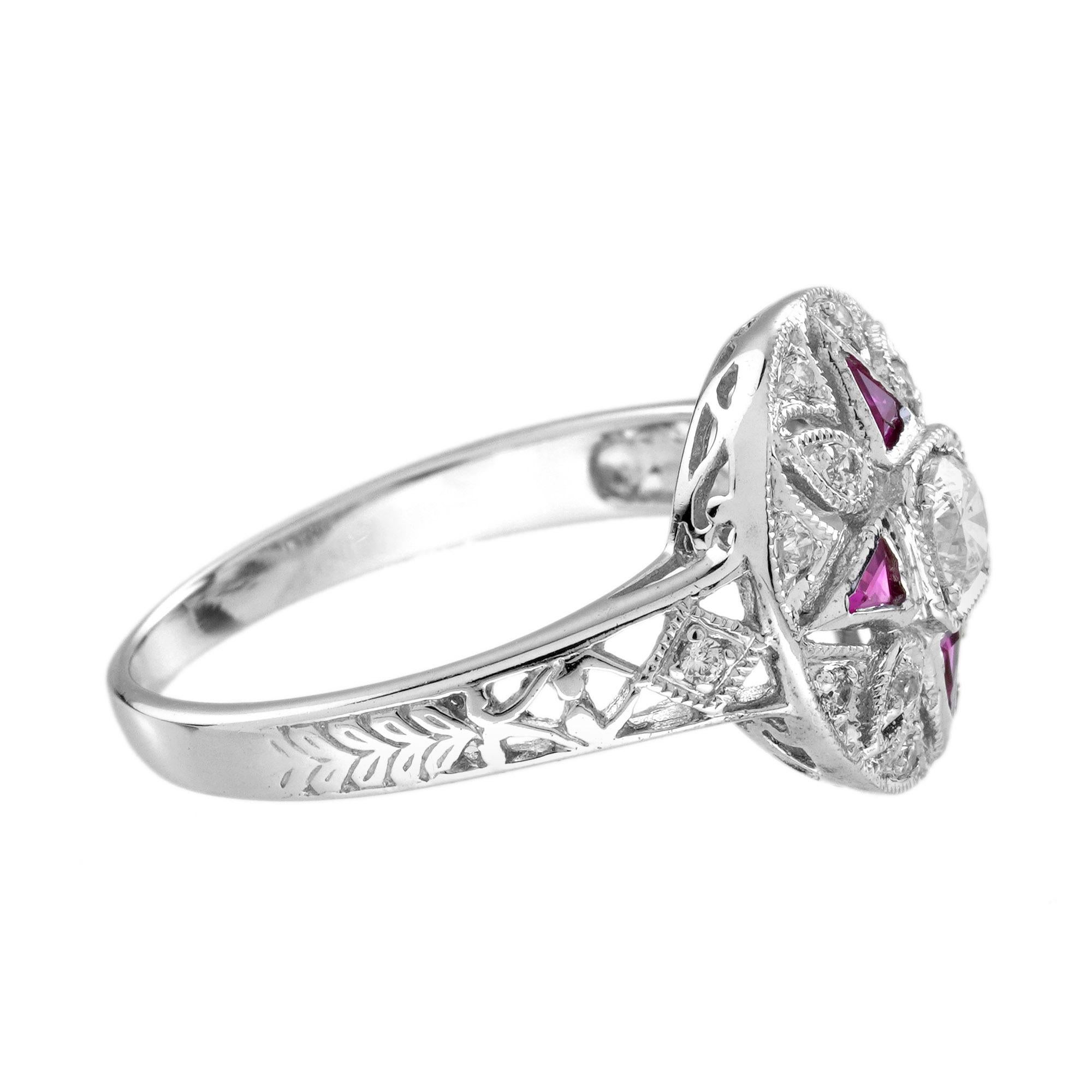 Women's Diamond Ruby Art Deco Style Floral Ring in 14K White Gold For Sale