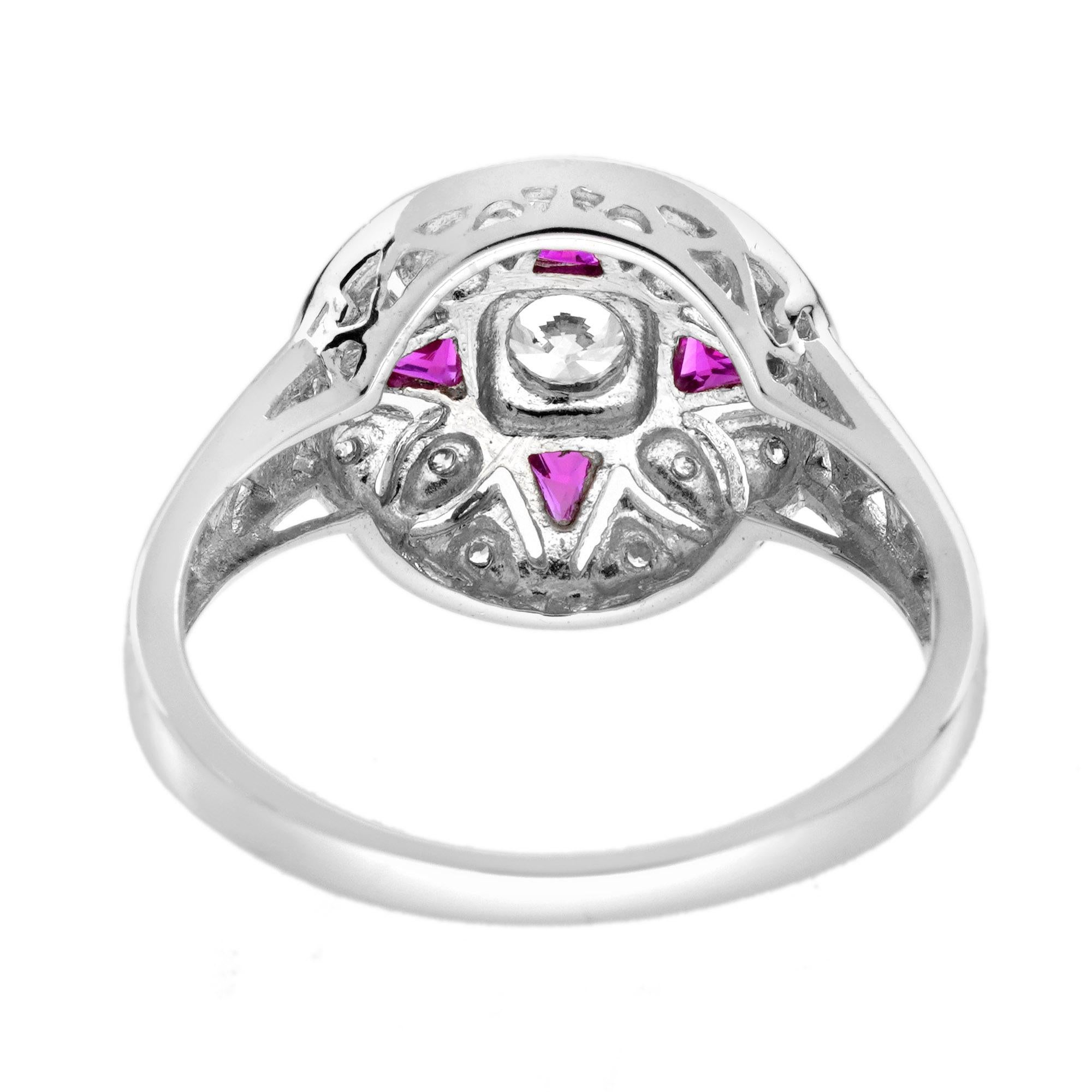 Diamond Ruby Art Deco Style Floral Ring in 14K White Gold For Sale 1