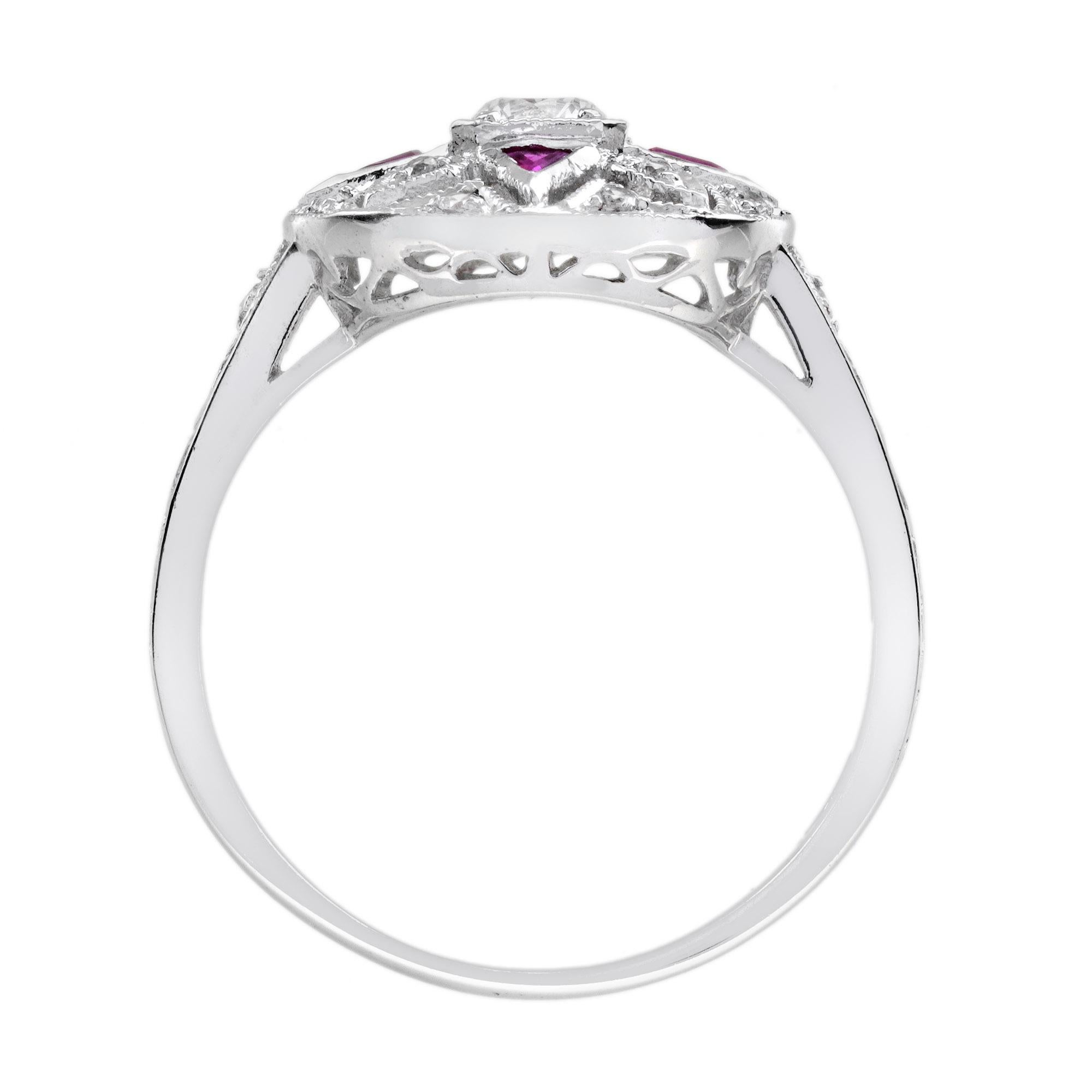 Diamond Ruby Art Deco Style Floral Ring in 14K White Gold For Sale 2