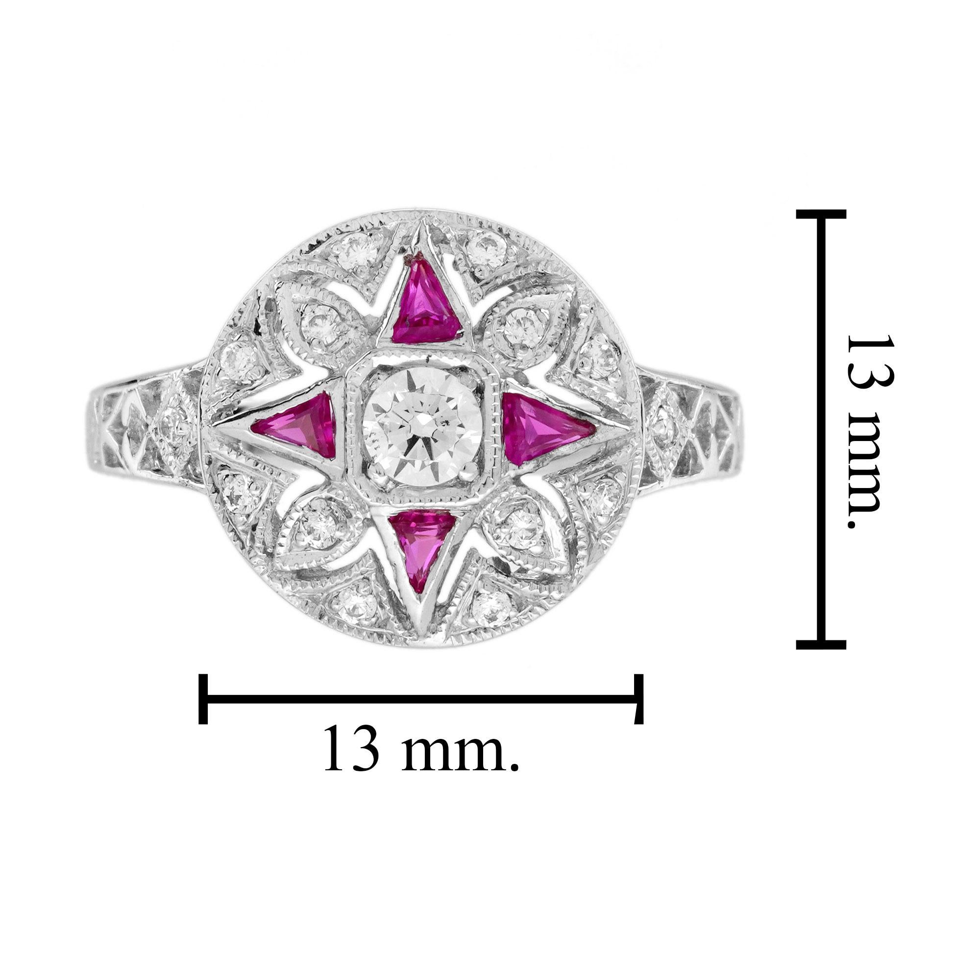 Diamond Ruby Art Deco Style Floral Ring in 14K White Gold For Sale 3