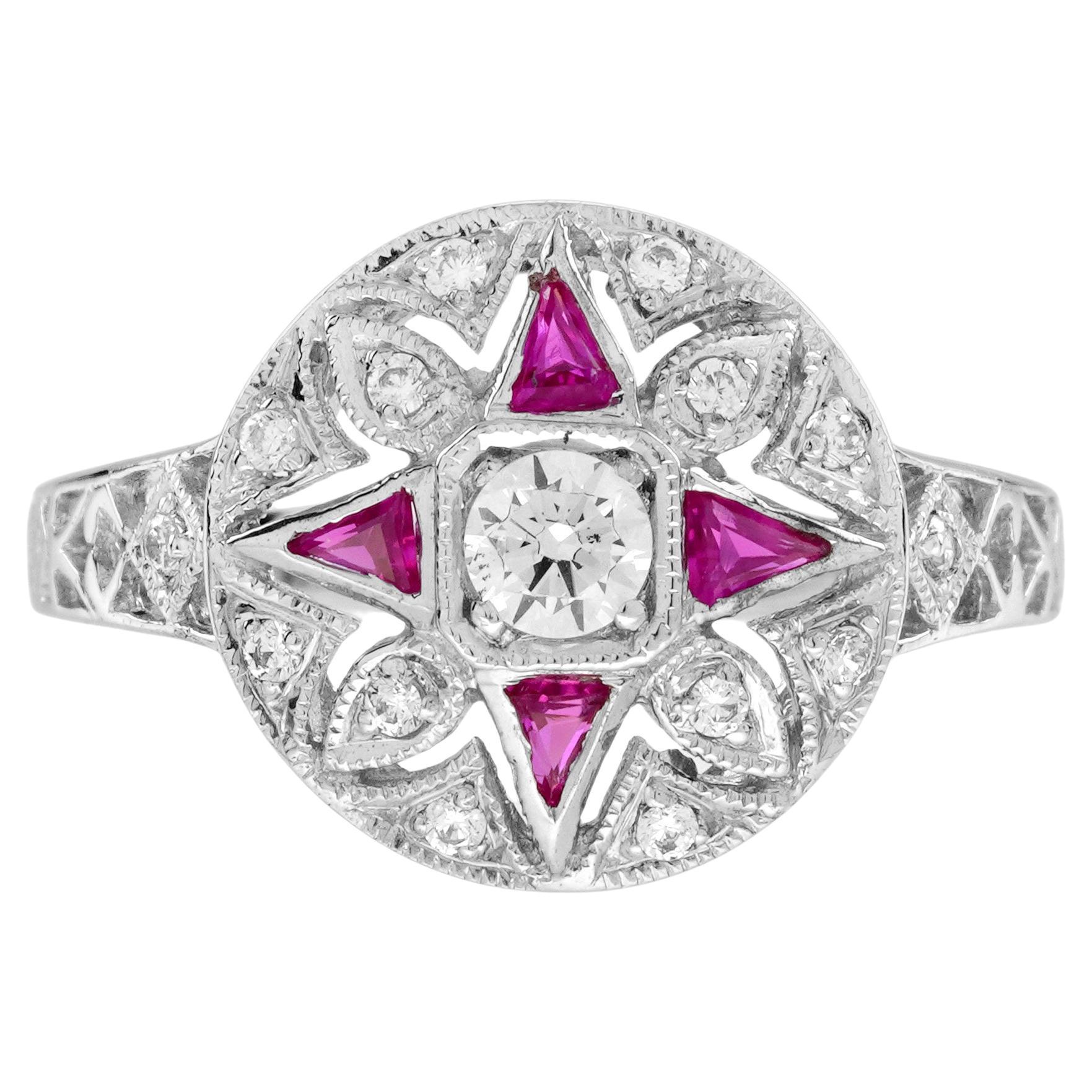 Diamond Ruby Art Deco Style Floral Ring in 14K White Gold For Sale