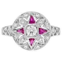Diamond Ruby Art Deco Style Floral Ring in 14K White Gold