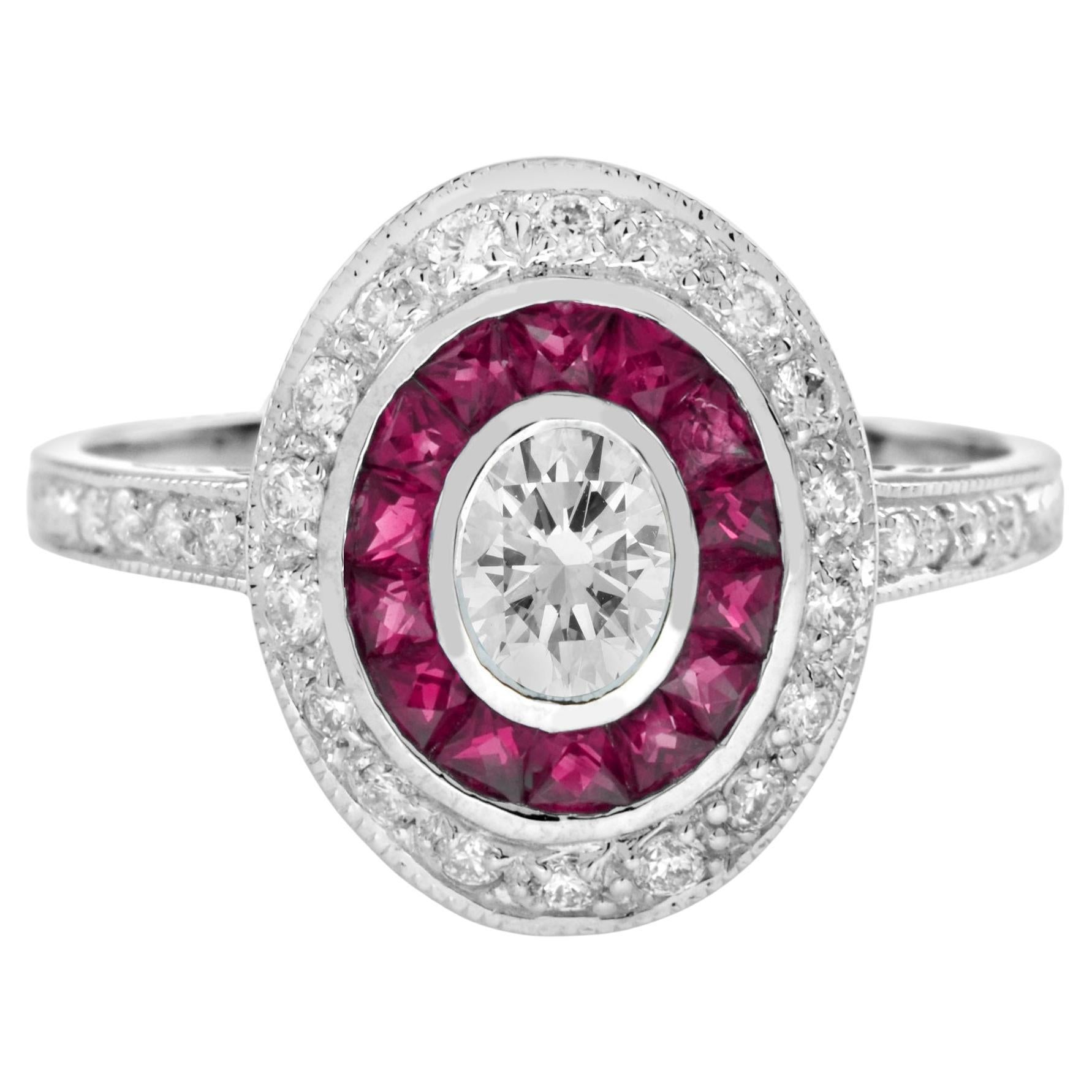Anillo de oro blanco de 14 quilates con halo de diamantes y rubíes estilo Art Decó de inspiración vintage