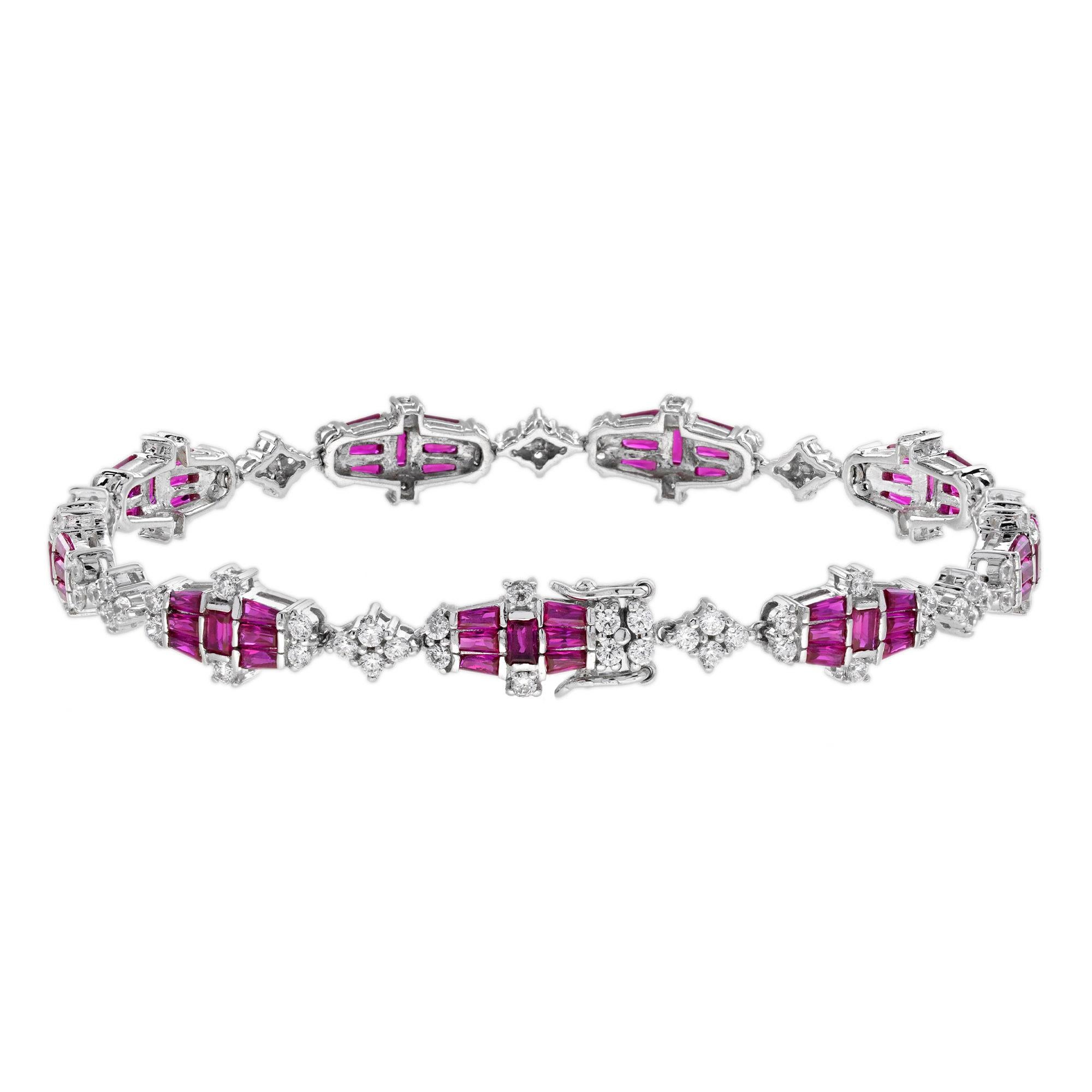 Discover elegance with our Diamond Ruby Art Deco Style Link Bracelets. Each piece features a stunning floral design adorned with radiant diamonds nestled between vibrant rubies. Perfect for both casual and formal occasions, this bracelet