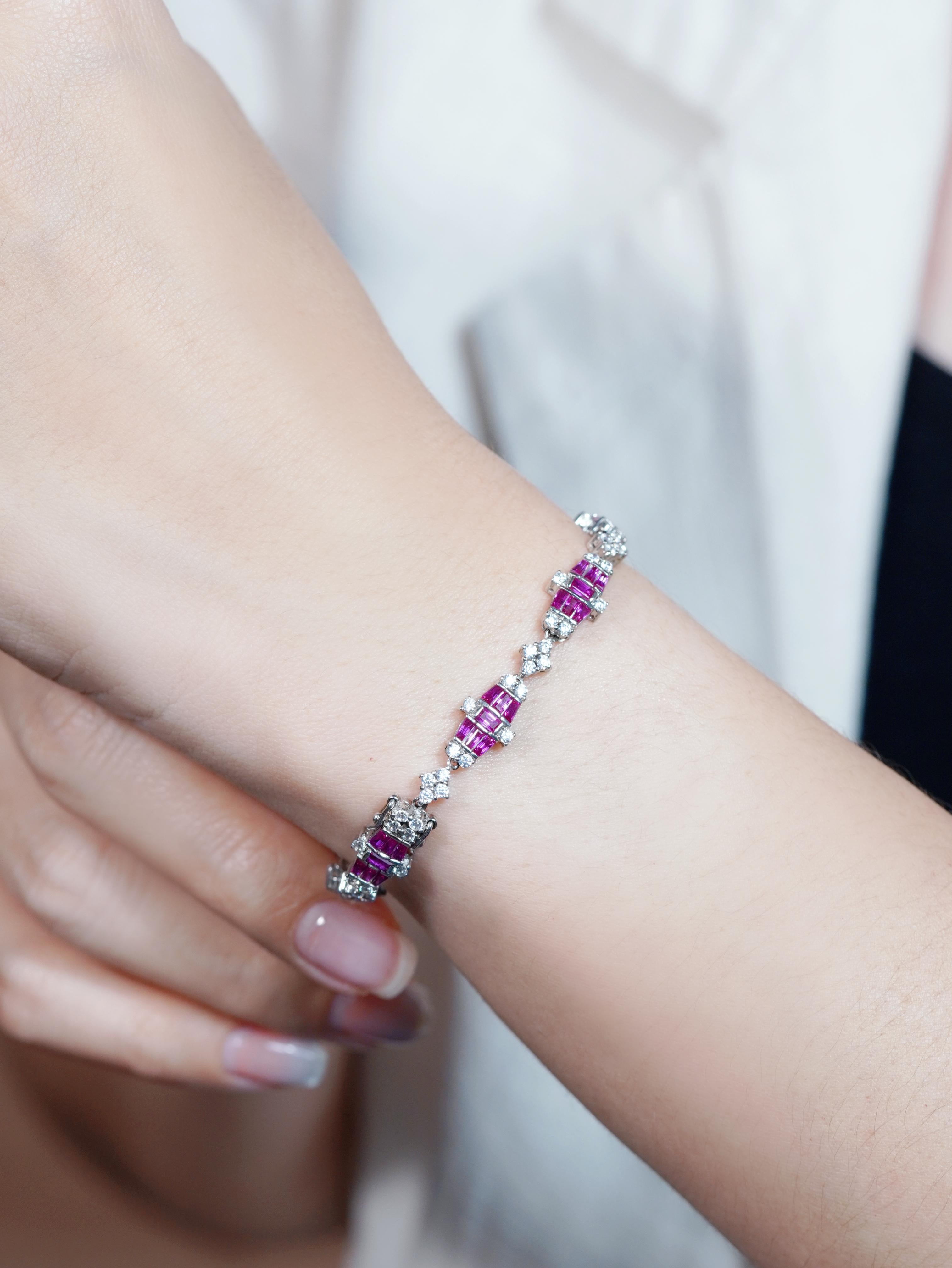 Discover elegance with our Diamond Ruby Art Deco Style Link Bracelets. Each piece features a stunning floral design adorned with radiant diamonds nestled between vibrant rubies. Perfect for both casual and formal occasions, this bracelet