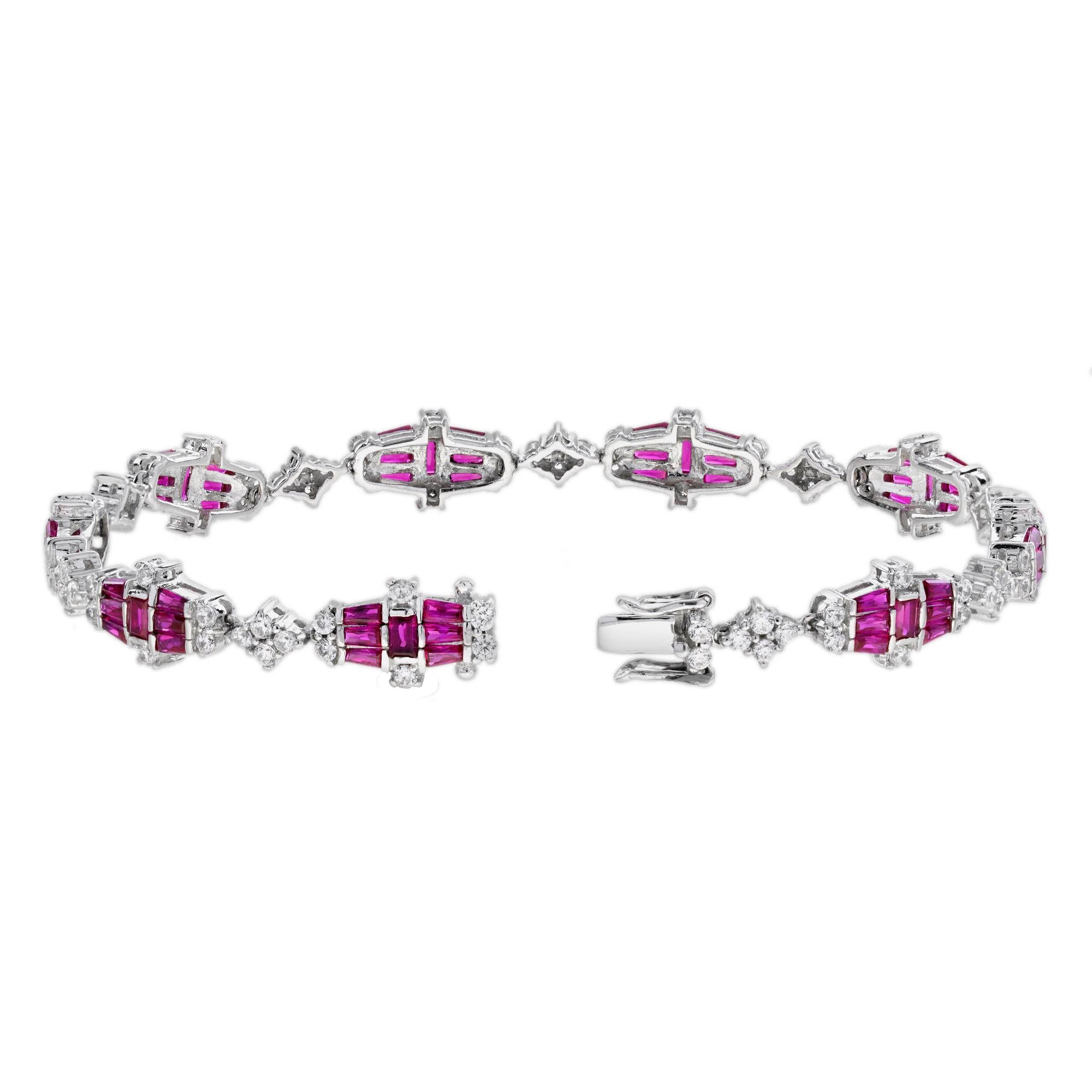 Round Cut Diamond Ruby Art Deco Style Link Bracelets in 18K White Gold For Sale
