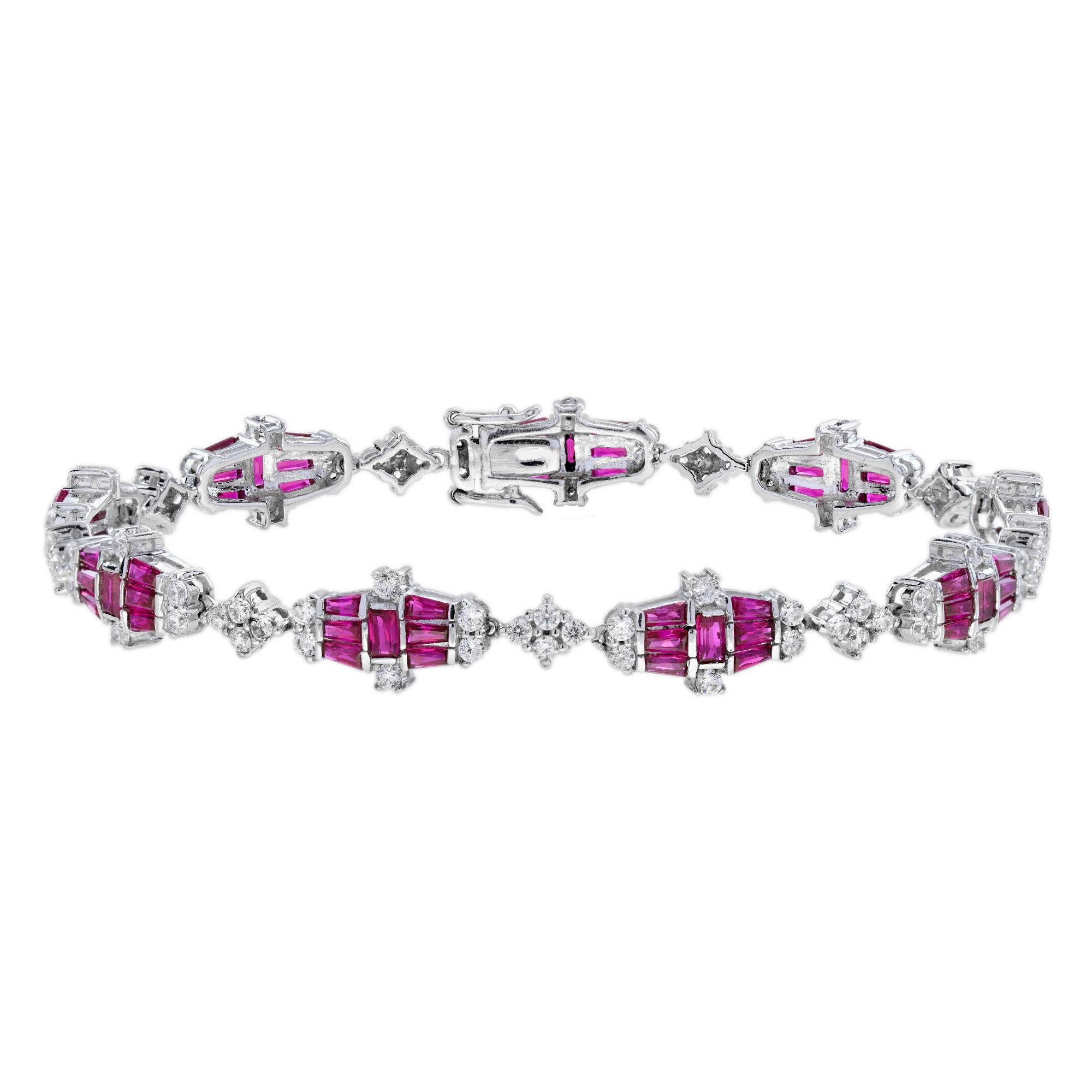 Diamond Ruby Art Deco Style Link Bracelets in 18K White Gold For Sale