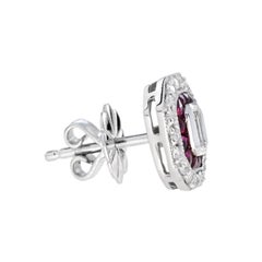 Pendientes de botón octogonales de estilo Art Déco con diamantes y rubíes, en oro blanco de 14K